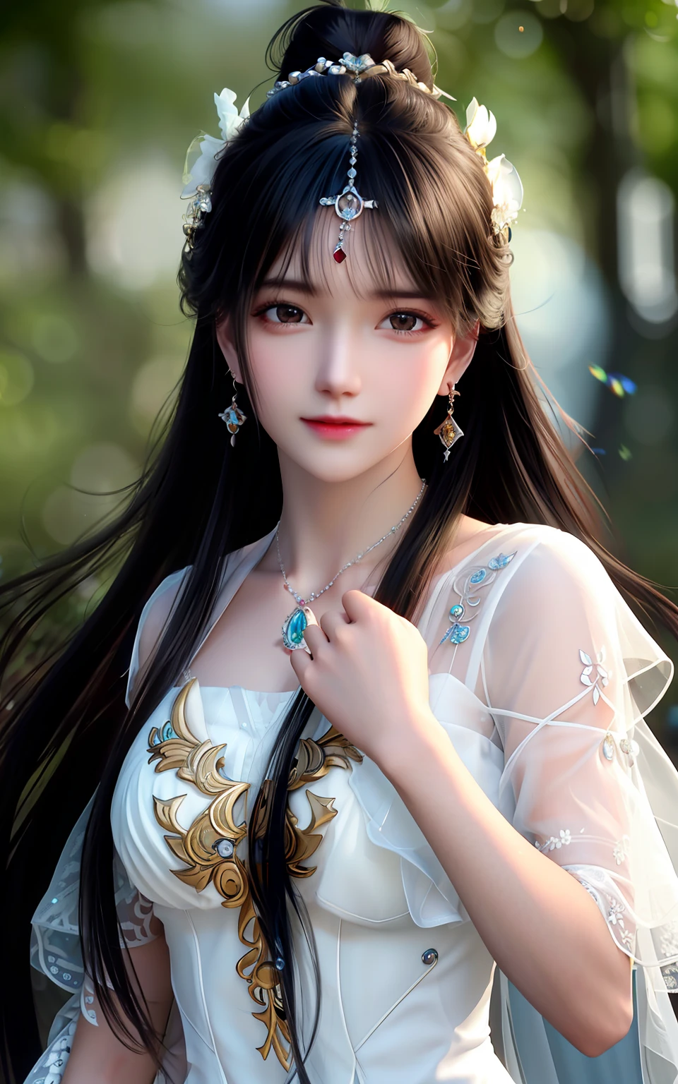 best quality,masterpiece,highres,cg,
1girl,weapon,sword,long hair,dress,water,solo,jewelry,white dress,earrings,hair ornament,splashing,upper body,hair bun,black hair,
lighting,candid,Photograph,high resolution,4k,8k,Bokeh,