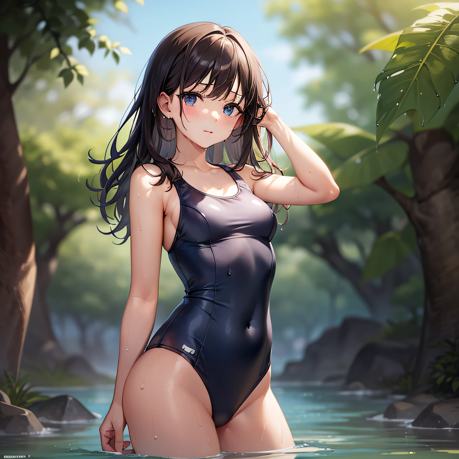 wet hair, small breasts, (masterpiece), (best quality),1girl, school swimsuit,