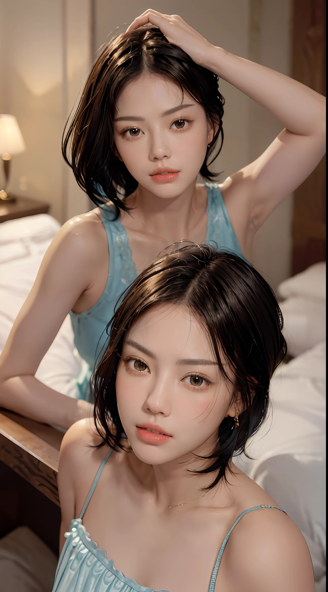 hightquality、​masterpiece、pretty hair、Gold Eye、Luxury clothing、look up to、Hair strands、light skinned、(((very_short_hair)))、Side braid、Clean teeth alignment