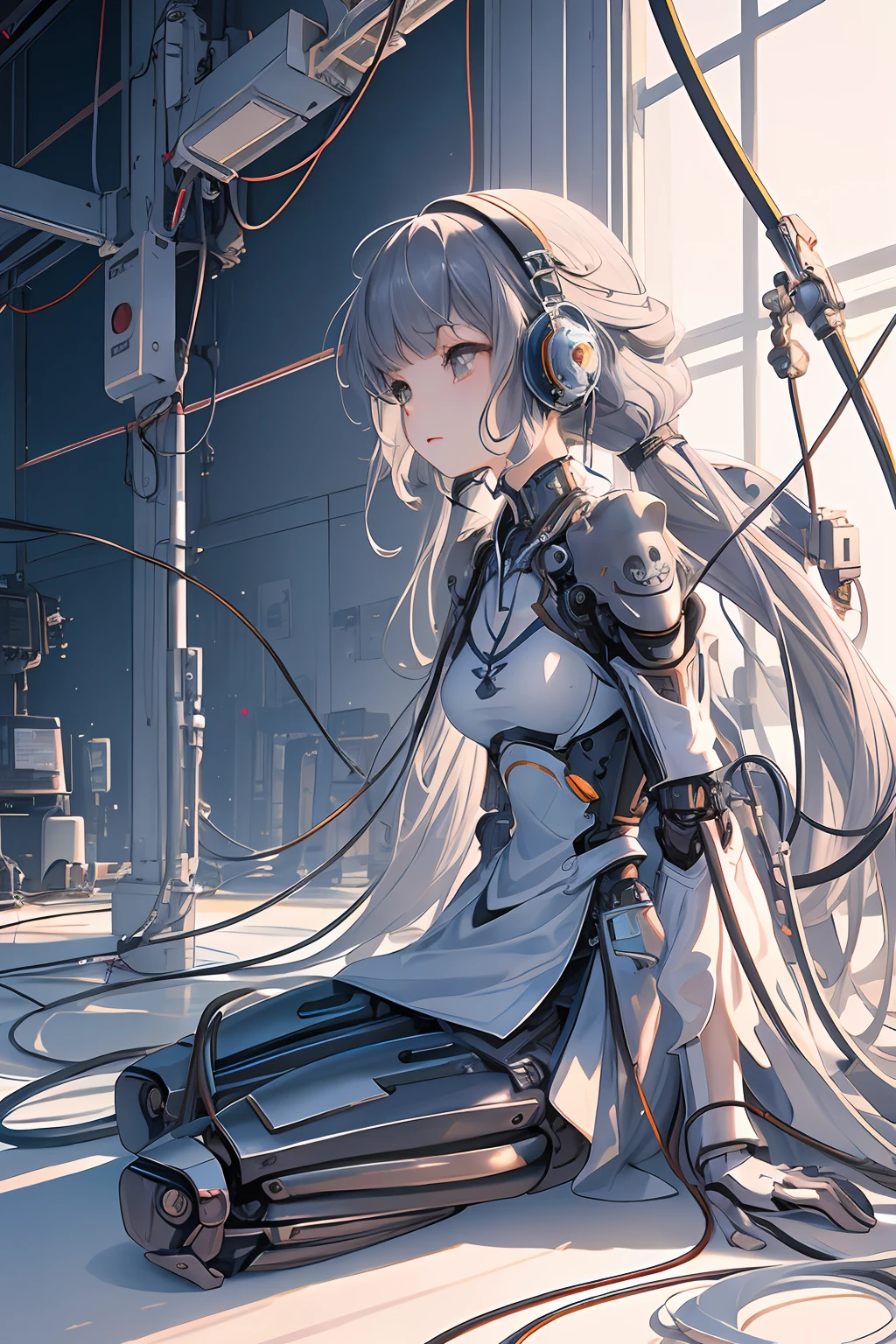(((masterpiece)))、(((top-quality)))、((ultra-definition))、(High Definition CG Illustration)、((extremely delicate and beautiful))、(From Side)、Cinematic Light、 ((1 Mechanical Girl))、独奏、full body Esbian、(Mechanical joint:1.2)、((Mechanical limbs))、(Cable connected to tube)、(Back-mounted mechanical spine)、((Neck-mounted mechanical cervical spine) ))、(sitting on)、deadpan、(Wires and cables attached to the neck:1.2)、(Head wires and cables:1.2)(charactor focus)、scientific fiction、A highly detailed、colourfull、The most detailed