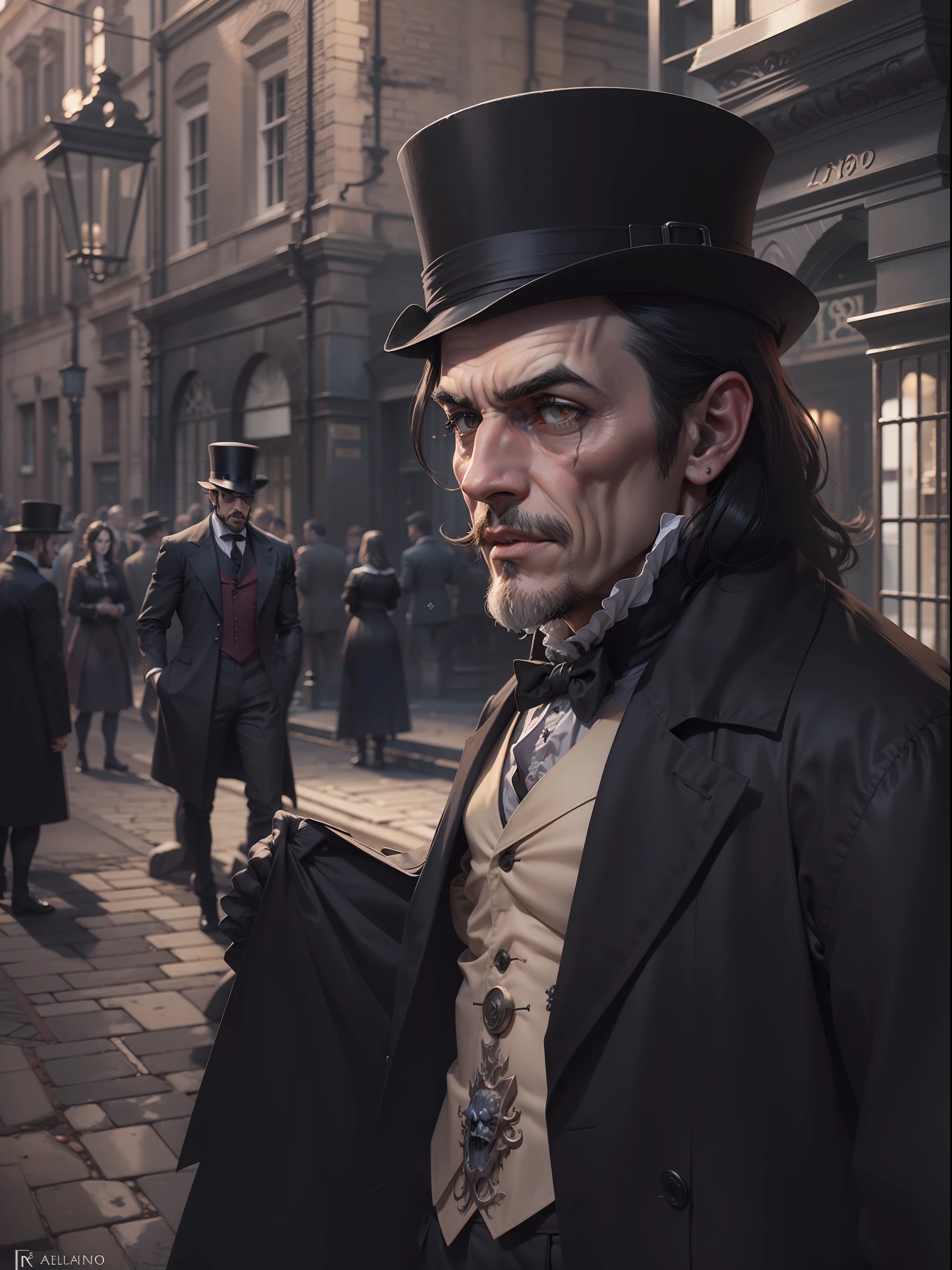 Sr. Hyde (Estranho caso do Dr. Jekyll e do Sr. Hyde), rosto monstruoso, corpo inteiro, anatomia perfeita, A sinister and stunning scenery, rua da Londres vitoriana , de noite, lua cheia, perfect composition, cena de terror assustadora, nevoeiro, cores pasteis, 4k