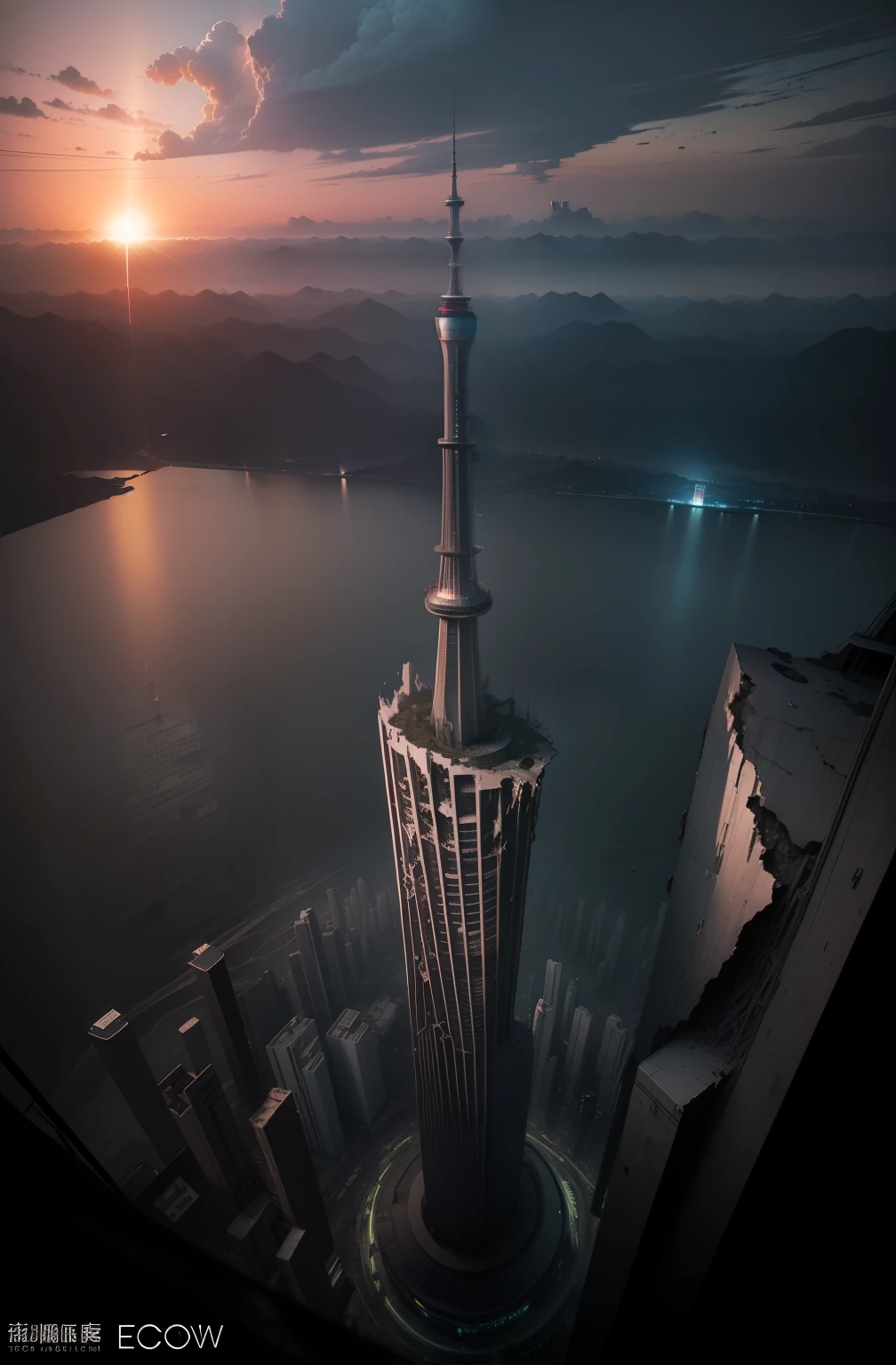 The end of the world,Guangzhou TV Tower,废墟,disrupt,corrupted,fracture,Remains Cliff,Eschatological,decadent,desolated,The world after the disappearance of humanity,Technical collapse,real photograph,Strong contrast,Rich in detail