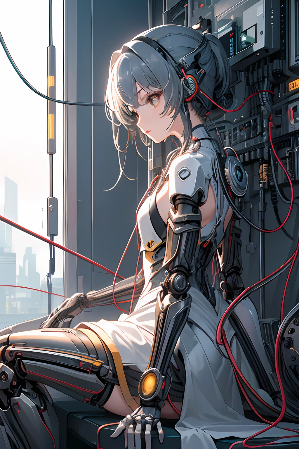 (((masterpiece)))、(((top-quality)))、((ultra-definition))、(High Definition CG Illustration)、((extremely delicate and beautiful))、(From Side)、Cinematic Light、 ((1 Mechanical Girl))、独奏、full body Esbian、(Mechanical joint:1.2)、((Mechanical limbs))、(Cable connected to tube)、(Back-mounted mechanical spine)、((Neck-mounted mechanical cervical spine) ))、(sitting on)、deadpan、(Wires and cables attached to the neck:1.2)、(Head wires and cables:1.2)(charactor focus)、scientific fiction、A highly detailed、colourfull、The most detailed