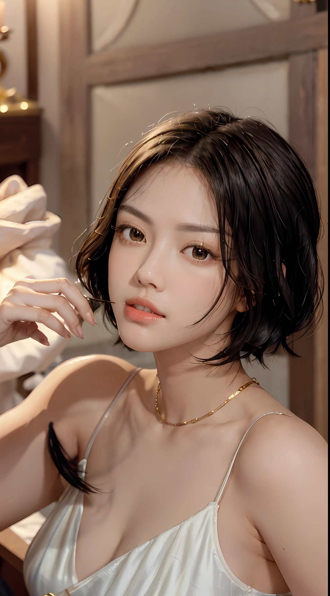 hightquality、masterpiece、pretty hair、Gold Eye、Luxury clothing、look up to、Hair strands、light skinned、(((very_short_hair)))、Side braid、Clean teeth alignment
