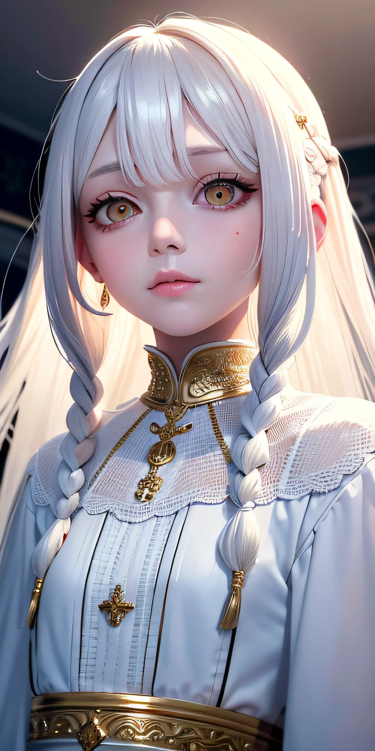 best quality, masterpiece,white hair, gold eyes,white clothes, looking up, upper body,hair strand,Fair skin,side braids