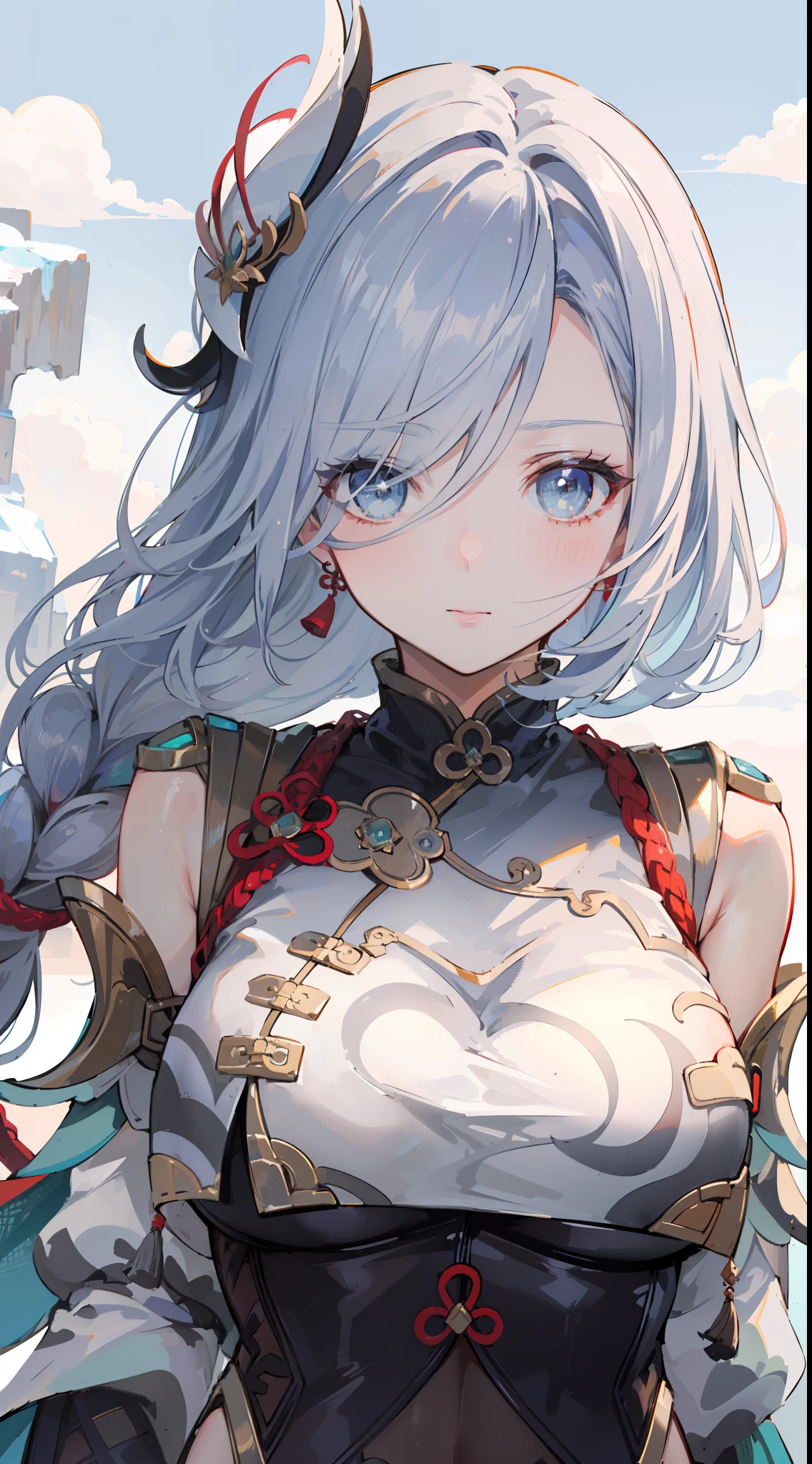 shenhedef, upper body, seductive look, blush, outdoors, snowflake scenery, looking at viewer, mountain, moody lighting, (perfect detail eyes:1.2), glowing eyes, (long hair one braid:1.2). armpit, (Masterpiece, Best Quality, High Quality:1.4), professional artwork, Intricate Details, field of view, sharp focus, detailed painting, photorealistic lighting, trending on pixiv, (vivid lighting, vibrant colors:1.05), realistic shadows, ambient occlusion,