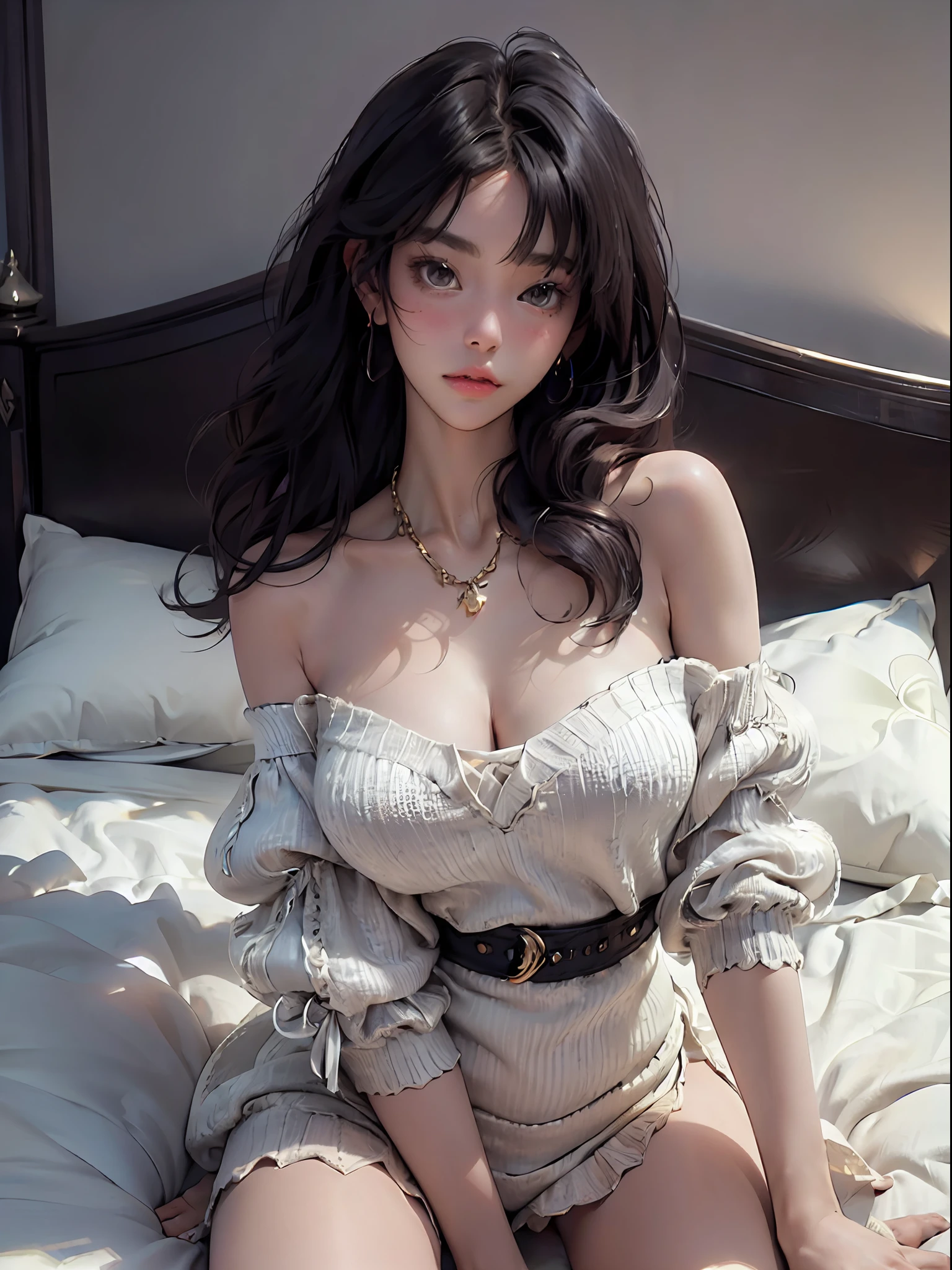 (highest quality,8k,GameCG),1girl,Smooth skin,((supermodel)),extremely detailed, beautiful detailed girl, extremely detailed eyes and face, professional lighting,ulzzang-6500-v1.1,(photorealistic:1.4),highres,wide hips,thick thighs,(huge breasts:1), cleavage,narrow waist,necklace,pendant,(black hair:1), bare shoulders,transparent background,leaning forward,bed,beige sweater,bottomless,fullbody,NSFW,Side lying,