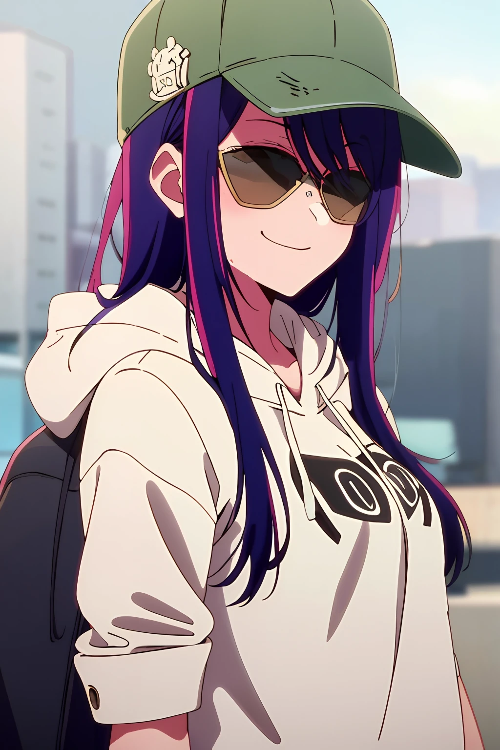 masterpiece、ighly detailed、(1 girl in:1.2)、purple color hair、White hoodie、big eye、a closeup、A smile、8K、Ai Hoshino、Black hat((caps))、(((Black sunglasses)))one with、Blindfold