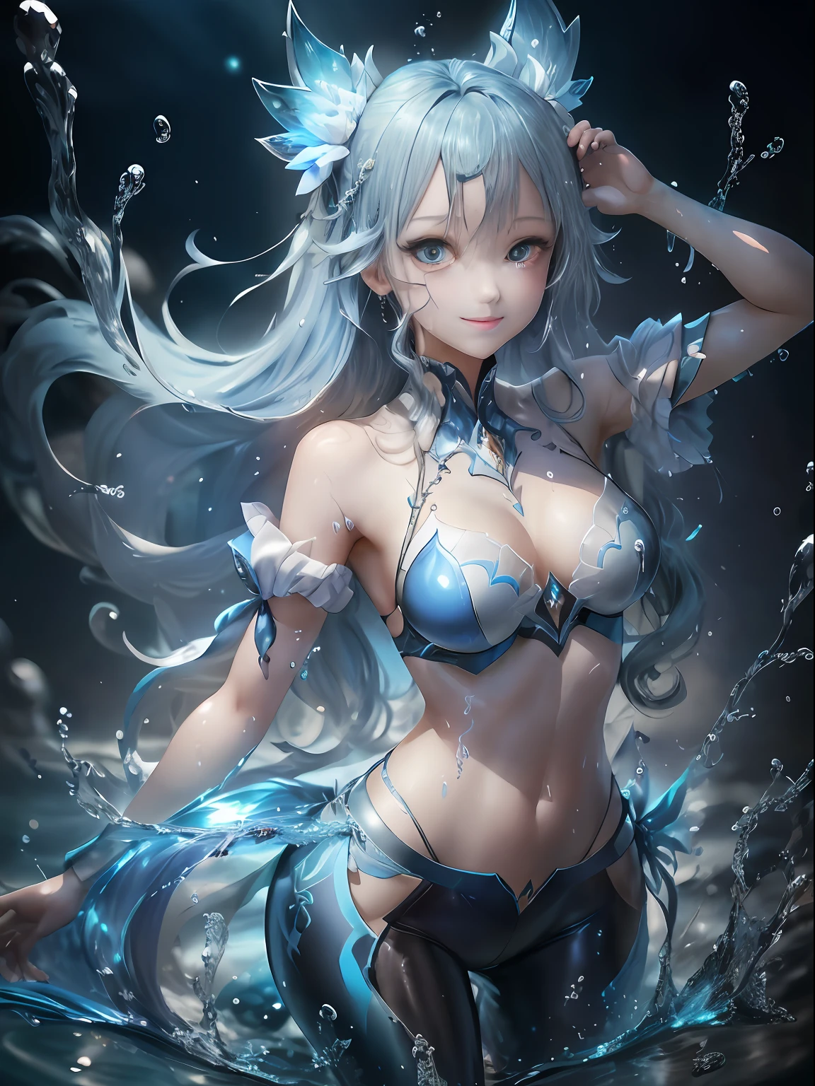 Blue color hair。Long pants。Long pants。耳Nipple Ring。Luminous Eyes。kosmos。huge smile。water element。water magic。Water weapons。Beauty manipulating water。Free water。Floating water(Award-winning digital works:1.3)(Sketched:1.3)、(Energetic:1.3)、cgsociety、art stations、(chroma:1.3)、(close portrait:1.3)、(femele:1.4)、(Beautiful fece:1.4)、(carismatic:1.3)、Elaborate Eyes、Studio Lighting、Theme Background。Luminous Eyes。blue hairs。particles floating。Poses in motion。