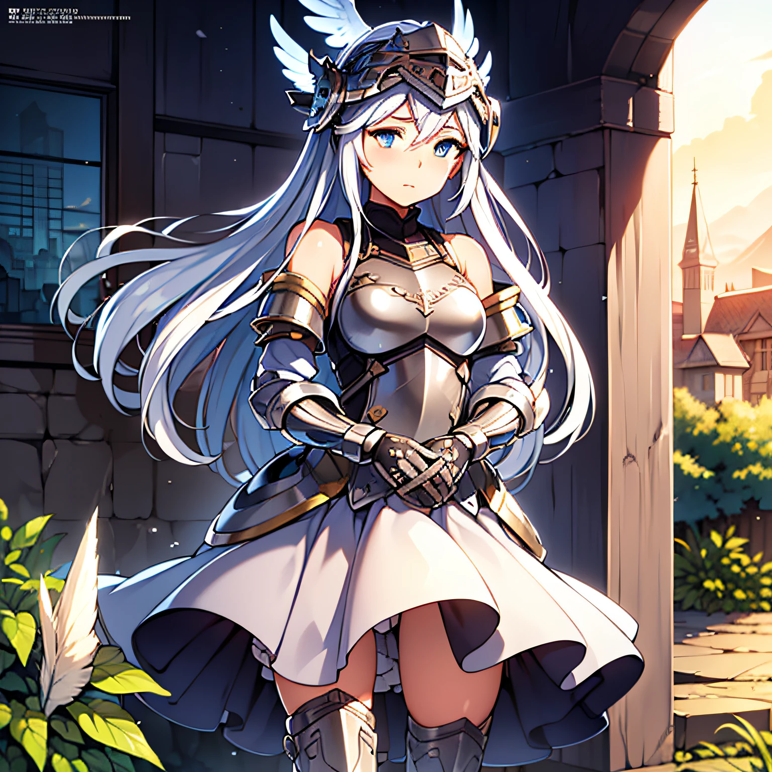 ((Masterpiece)), (((Best quality))), ((Ultra-detailed)), ((illustration)), ((Disheveled hair)), ((frilld)), (1 girl), (Solo), Valkyrie,Blue eyes, Clothing, Female, mitts, mitts, whaite hair, Headwear, helmet,Long hair, Silver hair , upper legs, warrior, White hair , (winged helmet:1.2),