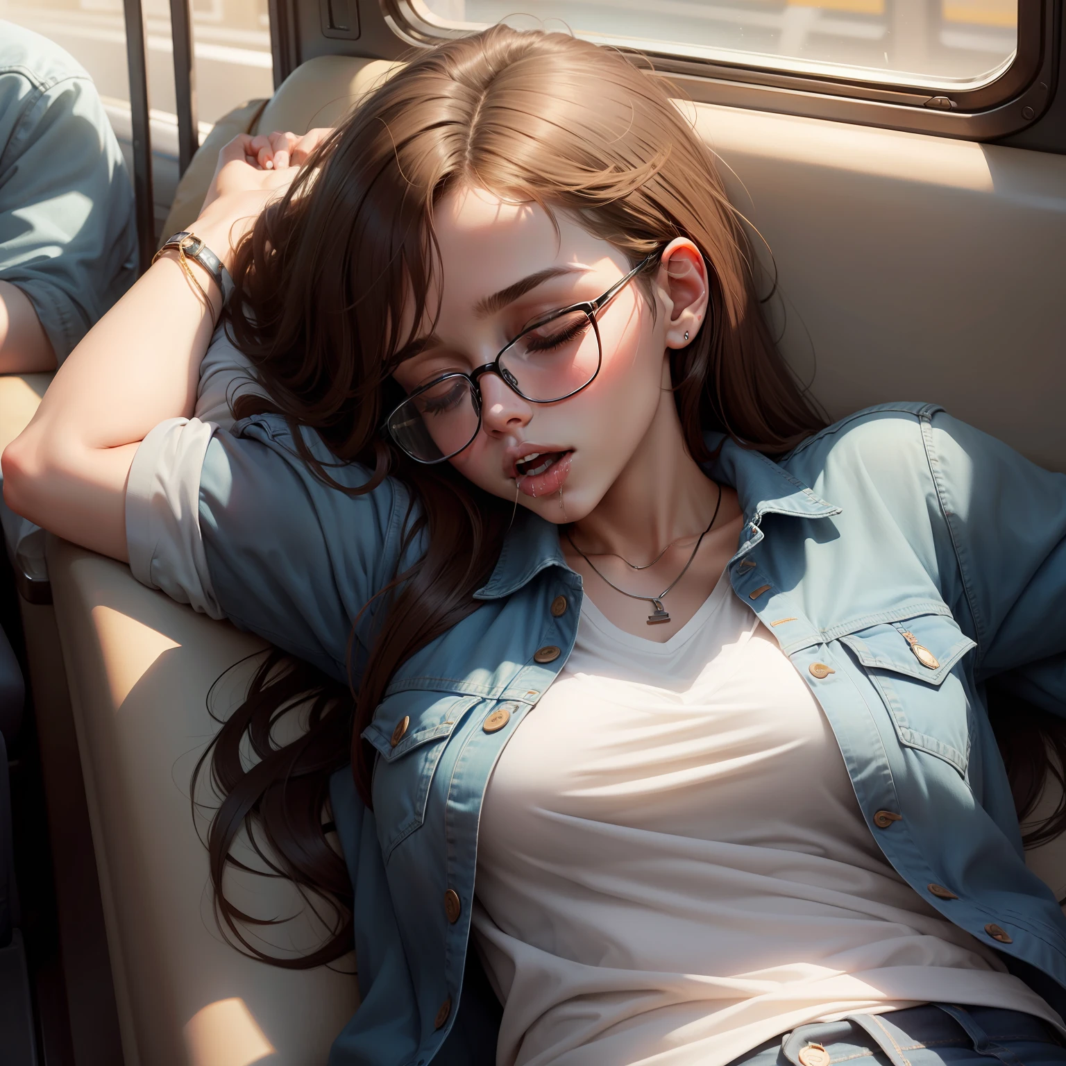 1 beautiful woman, sleeping with her mouth open, brown hair, sleeping lying on the bus, jean jacket, jeans, black low-cut polo shirt, glasses, drooling, snoring, passed out