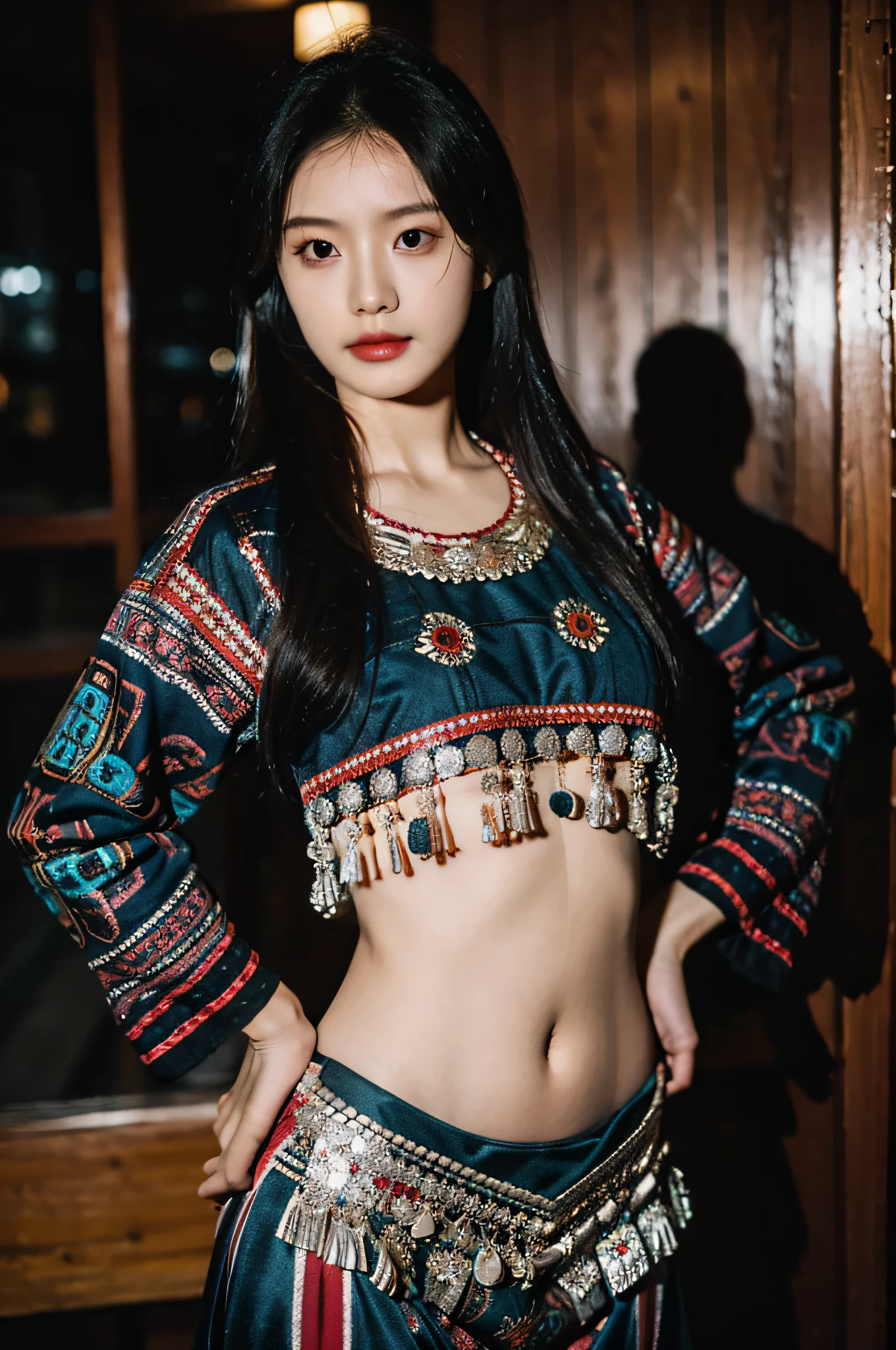 (Hyperrealistic,)4K,35mm,hyper-high detail, Professional lighting, Best quality, 超高分辨率, Visually stunning, (1girll:1.1), (Hmong clothing ),realskin,(Perfect body 1.3)(Ultra-delicate face),Open navel
