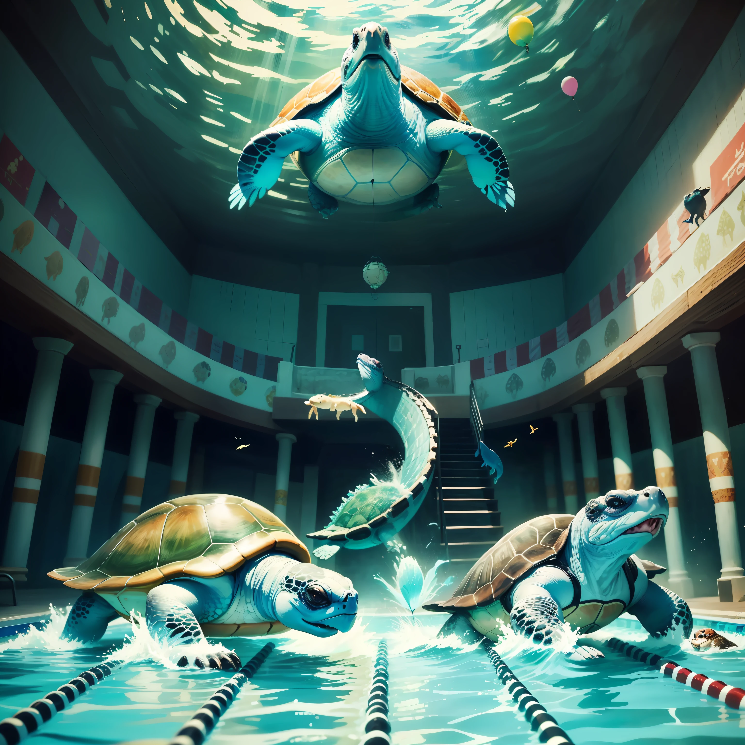 (((Animal games))),(Lots of turtles),Swimming pool,tmasterpiece,detailed detail,hyper HD,film effect,((swimmning)),boisterous,Animal viewers,(((intense competition))),((Gentle style)),streamers,balloons