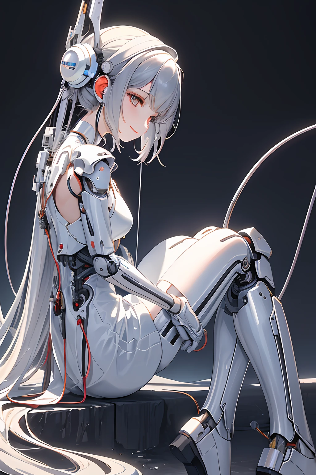 (((​masterpiece)))、(((top-quality)))、((ultra-definition))、(High Definition CG Illustration)、((extremely delicate and beautiful))、(From Side)、Cinematic Light、 ((1 Mechanical Girl))、独奏、full body Esbian、(Mechanical joint:1.2)、((Mechanical limbs))、(Cable connected to tube)、(Back-mounted mechanical spine)、((Neck-mounted mechanical cervical spine) ))、(sitting on)、(Happy smile)、(Wires and cables attached to the neck:1.2)、(Head wires and cables:1.2)(charactor focus)、scientific fiction、A highly detailed、colourfull、The most detailed