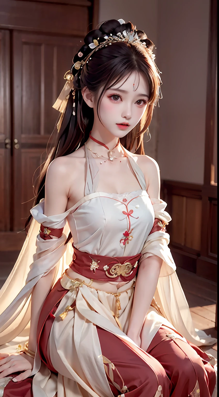 Tatami room,Warm lighting,Bow on chest,Qi bangs,Long hair that falls over the shoulder,(Playful eyes),二重まぶた,Deepening of the tail of the eyes,Lying silkworm,Wear a bracelet on your wrist,Scarlet lips,The lips are shiny and textured,Fine skin texture,Brown sparkling pupils,((((Keep your eyes on the camera)))),Slender fingers,((face round)),(((Small lips))),Black halterneck hanfu,Small-headed spells(Prompt): ((hyper HD)),Best image quality,8K resolution,Higher quality,Works of masters,Antique peerless beauty bride,Exquisite facial features,Absolutely beautiful,Crystal red lips,ssmile,Nice big eyes,Delicate long eyelashes,Sweet with lying silkworms,鎖骨,Brunette quality is the best, tmasterpiece, A high resolution, 1girll, Blushlush,(Seductive smile:0.8), starpupil, Red porcelain halter neck Hanfu, hair adornments, choker necklace, Ornaments, beautfully face, Human body, Tindal effect, Lifelike, Dark Studio, edge lit,twotonelighting,(highdetailskin:1.2),8K, Ultra HD,Slr,softlighting,high high quality,Volumetriclighting,Candid camera,photore,A high resolution,4K,8K,Bokeh,(Small head)high detal,8K resolution,超A high resolution,A young girl, A cute girl,Shorter hair,hair-bun,light make-up,Colorful clear eyes,Smooth hair,鎖骨,Exquisite and perfect facial features, the most beautiful big eyes,Long eyelashes,The eyes are sweet and there are lying silkworms,((dynamic angle,Extreme image quality,Highest precision,Precise and perfect human anatomy,Long legs)),(((Red and white antique halter neck clothes,Embroidered lace sleeves,Sitting cross-legged position,))),(())),rays of sunshine,,The body is well-proportioned and firm,Charming eyes,Panoramic view,Indoors,Pure desire,Small head