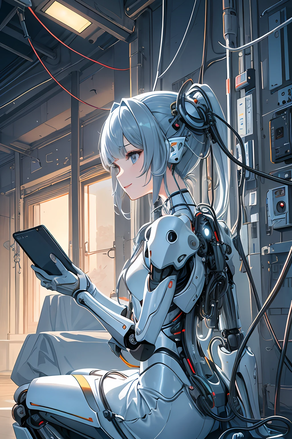 (((masterpiece)))、(((top-quality)))、((ultra-definition))、(High Definition CG Illustration)、((extremely delicate and beautiful))、(From Side)、Cinematic Light、 ((1 Mechanical Girl))、独奏、full body Esbian、(Mechanical joint:1.2)、((Mechanical limbs))、(Cable connected to tube)、(Back-mounted mechanical spine)、((Neck-mounted mechanical cervical spine) ))、(sitting on)、(Happy smile)、(Wires and cables attached to the neck:1.2)、(Head wires and cables:1.2)(charactor focus)、scientific fiction、A highly detailed、colourfull、The most detailed