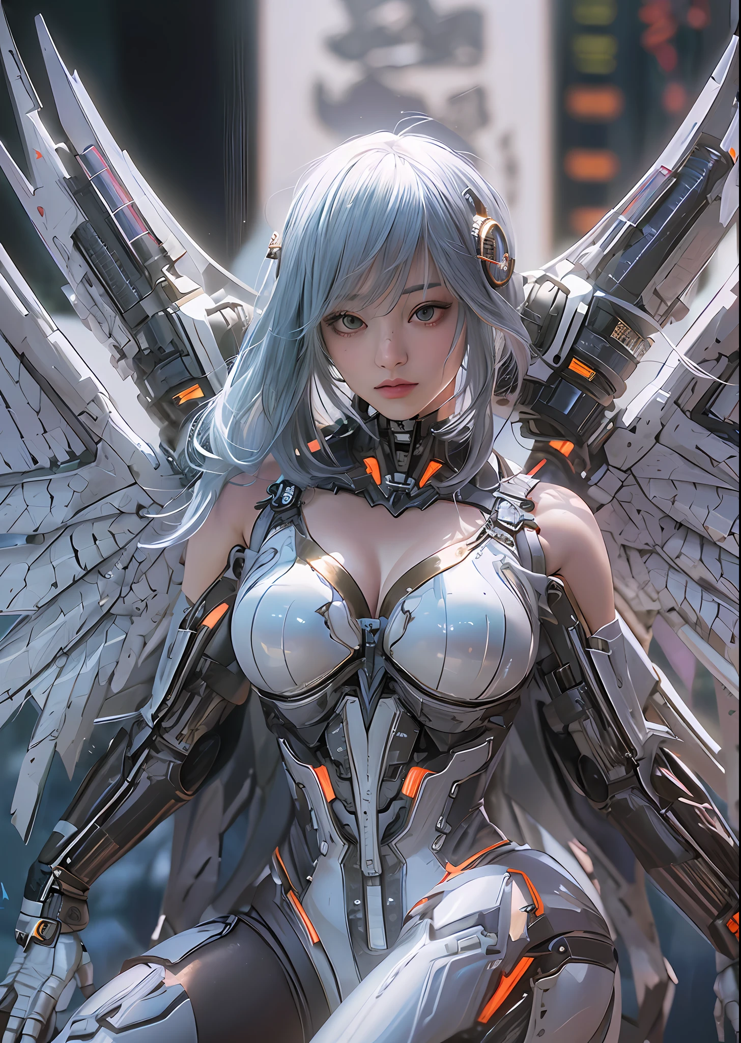 top-quality、​masterpiece、超A high resolution、(Photorealsitic:1.4)、Raw photo、Battle Cyborg Angel、large wings made of metal、White porcelain body、Acrylic Clear Cover、white  hair、glowy skin、1 Cyborg Girl、((super realistic details))、portlate、globalillumination、Shadow、octan render、8K、ultrasharp、character edge light,Colossal tits、Raw skin is exposed in cleavage、Details of complex ornaments、Greek Detail、Hydraulic cylinder、Small LED lamp、highly intricate detail、Realistic light、a purple eye、radiant eyes、Facing the camera、neon details、cowboy  shot、Futuristic headgear、About Cyberpunk、、