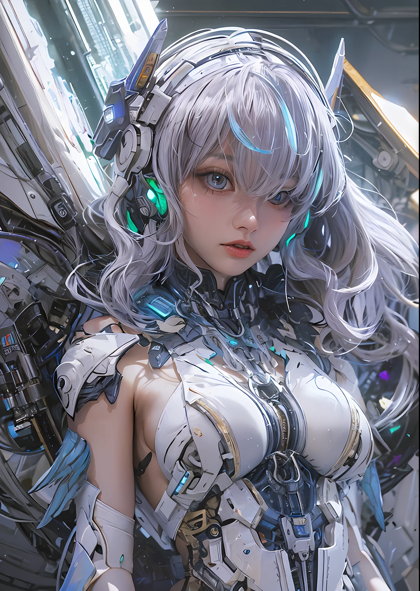 top-quality、masterpiece、超A high resolution、(Photorealsitic:1.4)、Raw photo、Battle Cyborg Angel、large wings made of metal、White porcelain body、Acrylic Clear Cover、white hair、glowy skin、1 Cyborg Girl、((super realistic details))、portlate、globalillumination、Shadow、octan render、8K、ultrasharp、character edge light,Colossal tits、Raw skin is exposed in cleavage、Details of complex ornaments、Greek Detail、Hydraulic cylinder、Small LED lamp、highly intricate detail、Realistic light、a purple eye、radiant eyes、Facing the camera、neon details、cowboy shot、Futuristic headgear、About Cyberpunk、、