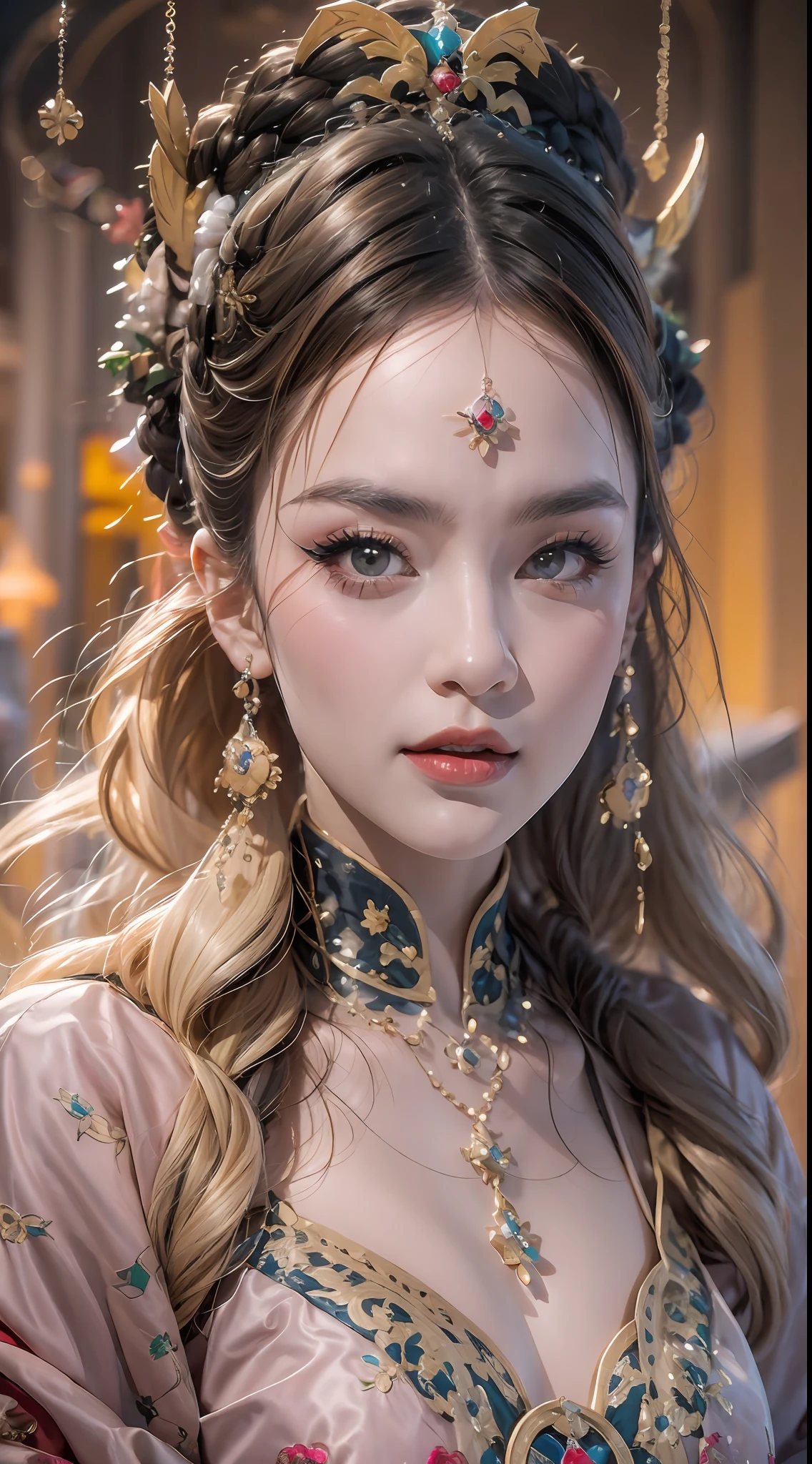 portrait of a beautiful 20 year old holy woman, wearing a thin multicolored silk dress, beautiful face without blemishes, ((natural smile:0.3)), Mouth closed, ((7-color hair length:1.2)), big crown, hair brooch, hanfu dress, chinese ancient style, full body jewelry, forehead tattoo, super even chest, face, red lips, delicate pink and white eyes (white and detailed) cinematic, light and dark, dramatic lighting, magical light, extremely detailed light, true color, super sharp, realistic, 8k quality, fantasy universe background, saints and magical space, the most detailed images, Exhibition photo, awarded, Eye-catching bright tone effect,