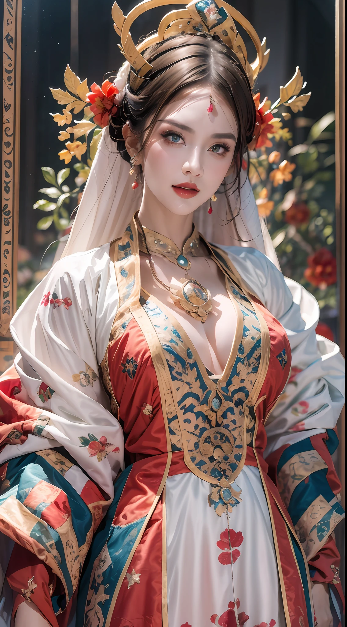 portrait of a beautiful 20 year old holy woman, wearing a thin multicolored silk dress, beautiful face without blemishes, ((natural smile:0.3)), Mouth closed, ((7-color hair length:1.2)), big crown, hair brooch, hanfu dress, chinese ancient style, full body jewelry, forehead tattoo, super even chest, face, red lips, delicate pink and white eyes (white and detailed) cinematic, light and dark, dramatic lighting, magical light, extremely detailed light, true color, super sharp, realistic, 8k quality, fantasy universe background, saints and magical space, the most detailed images, Exhibition photo, awarded, Eye-catching bright tone effect,