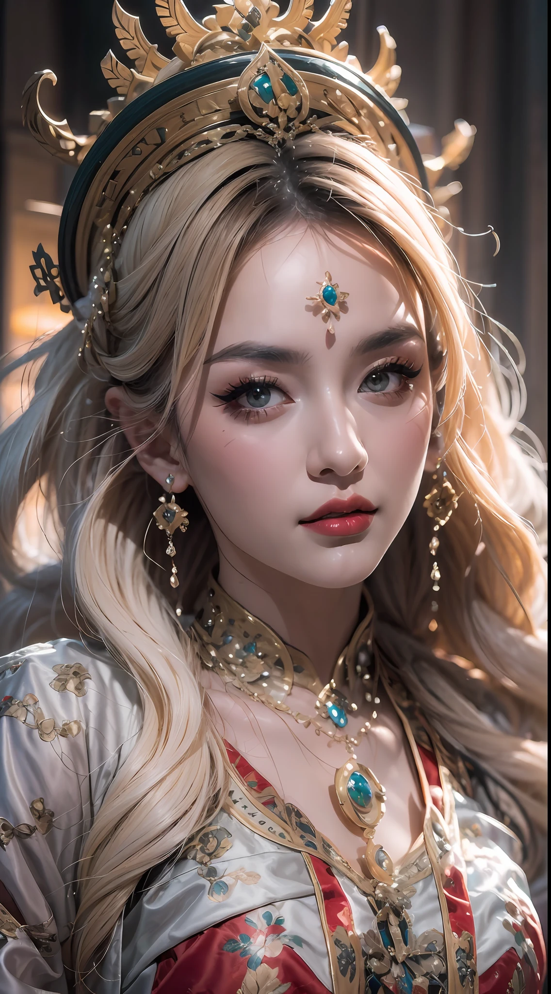 portrait of a beautiful 20 year old holy woman, wearing a thin multicolored silk dress, beautiful face without blemishes, ((natural smile:0.3)), Mouth closed, ((7-color hair length:1.2)), big crown, hair brooch, hanfu dress, chinese ancient style, full body jewelry, forehead tattoo, super even chest, face, red lips, delicate pink and white eyes (white and detailed) cinematic, light and dark, dramatic lighting, magical light, extremely detailed light, true color, super sharp, realistic, 8k quality, fantasy universe background, saints and magical space, the most detailed images, Exhibition photo, awarded, Eye-catching bright tone effect,
