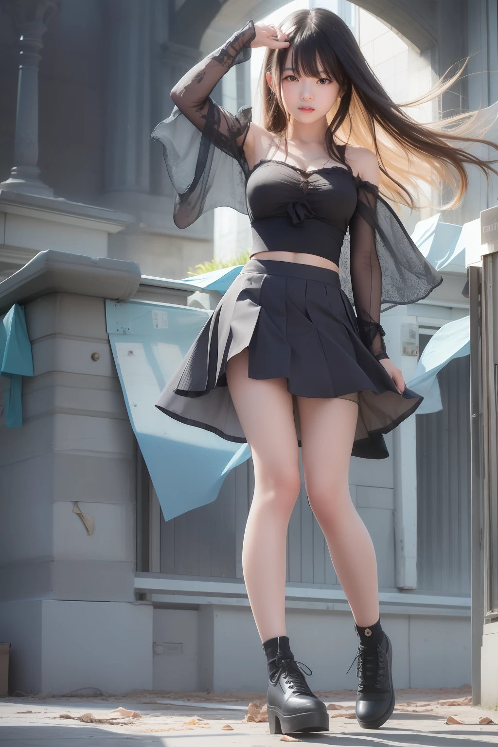 (Raw photography、top-quality、masterpiece:1.2)、(realisitic、Photorealsitic:1.4)、(masterpiece:1.4)、(top-quality:1.4)、girl with、20yr old、独奏、cleavage of the breast、A smile、Skirt lifting、skirt by the、Black pantyhose、a blue skirt、pantiy、shorth hair、Skirt twisting、Show inside the skirt、The skirt flips up in the wind、low angles、