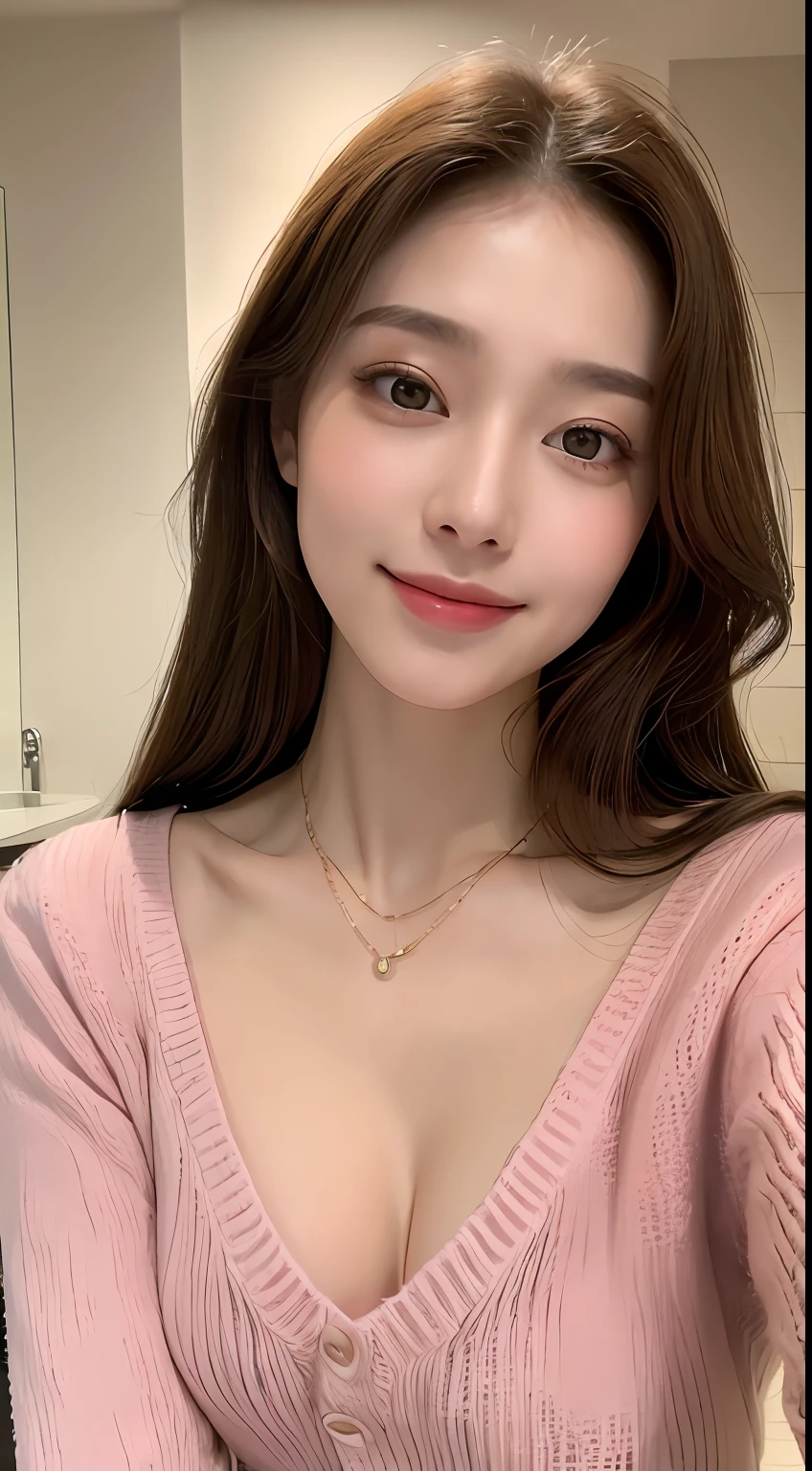 ((Night, Realistic Light, Best Quality, 8K, Masterpiece: 1.3)), 1girl, Slim Beauty: 1.4, Abs: 1.1, (Brown hair, Medium breasts: 1.3), Long pink sweater: 1.1, Bathroom, Super fine face, Delicate eyes, Double eyelids, smile, necklace
