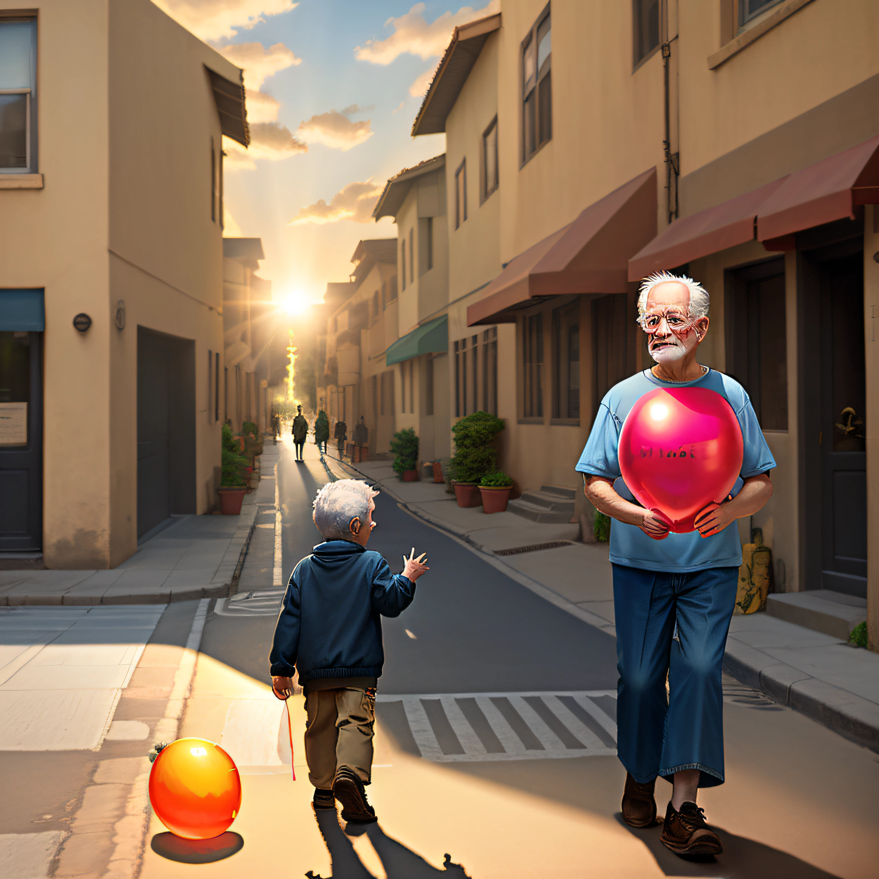 Street house,suns,rays of sunshine,Old man crossing the street,The child holds the balloon