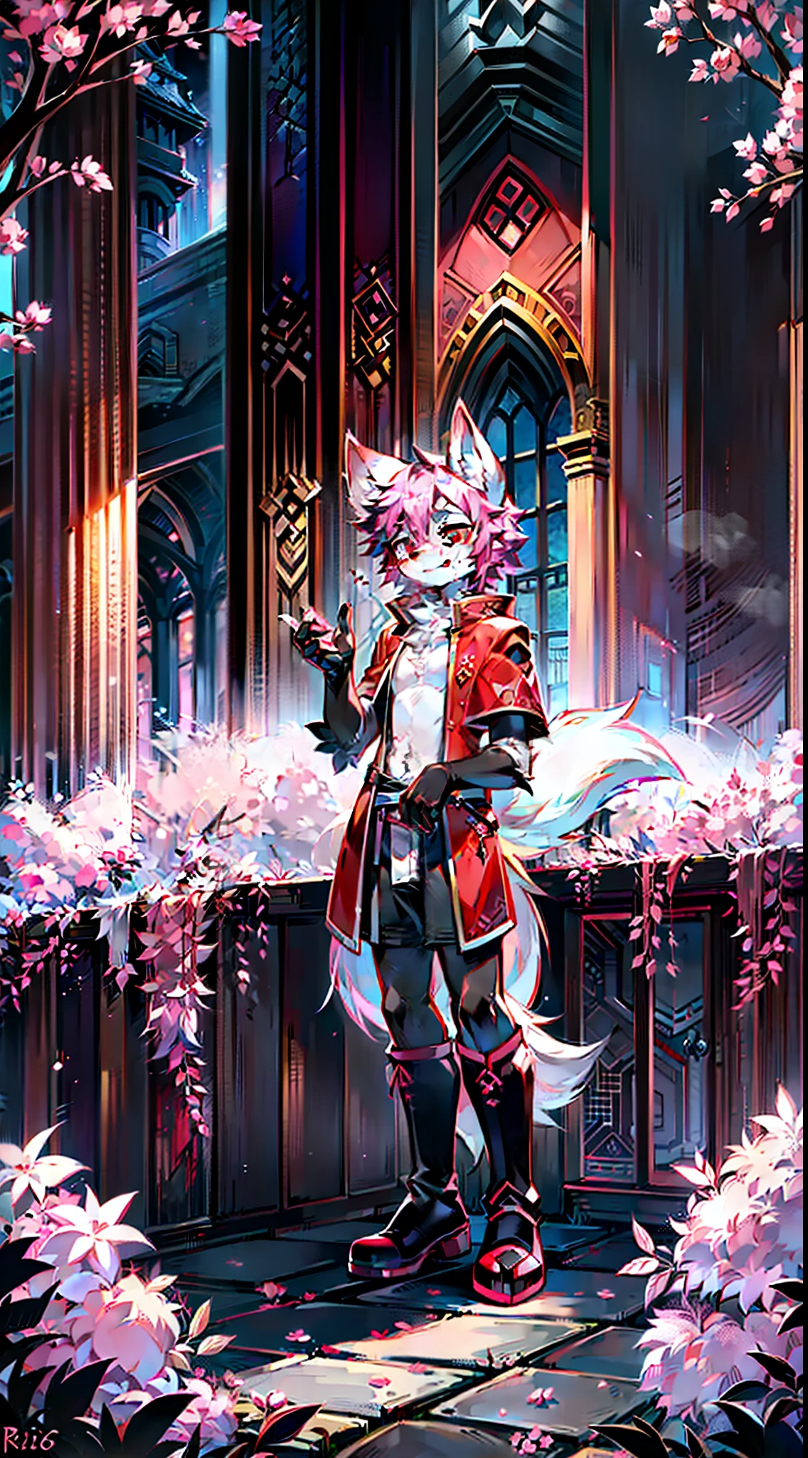 White fur,The upper part of the ears is pink,The inside of the ears is white,The neck is all pink,The hands are pink,The feet are pink,The tail is all pink,Pink eyes white,Red eyeballs,Black pupils,Male,High cold,Sick,black toga,black long boots,Ghastly,blood vess,Blood,Single,Fluffy tail,coyote,Pink roses,A pink rosette is worn on his head,Creekside,rios,Small rivers,outside,Pink Forest,grape trees,hitman,16 yaers old,Shota,Handsome,mizore