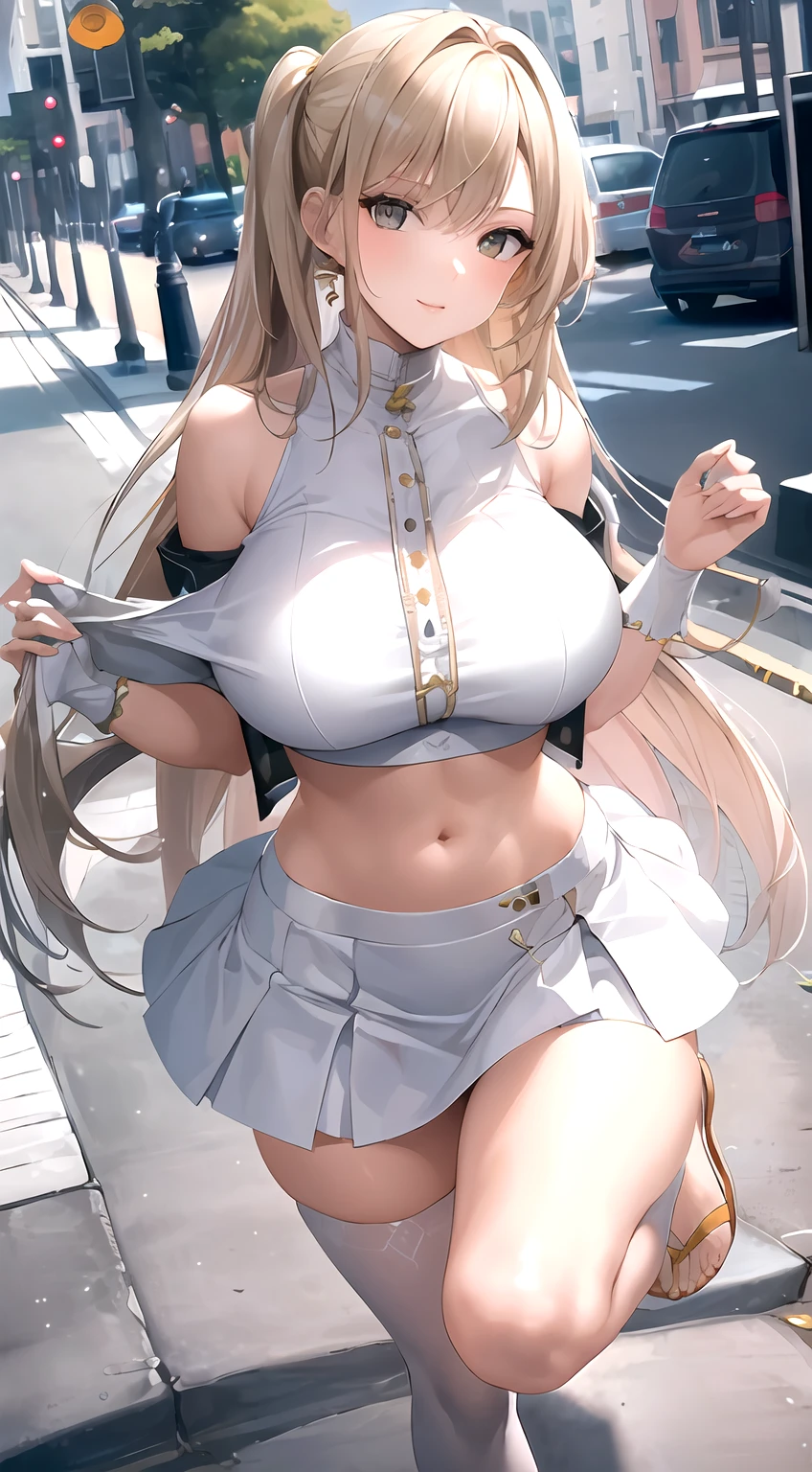((best qualtiy)), ((tmasterpiece)), (the detail:1.4), 3D,Complete body, Beautiful image of modern urban woman,cabellos largos dorados,huge tit,White crop toppings,Superskirt,white stockings,sandals