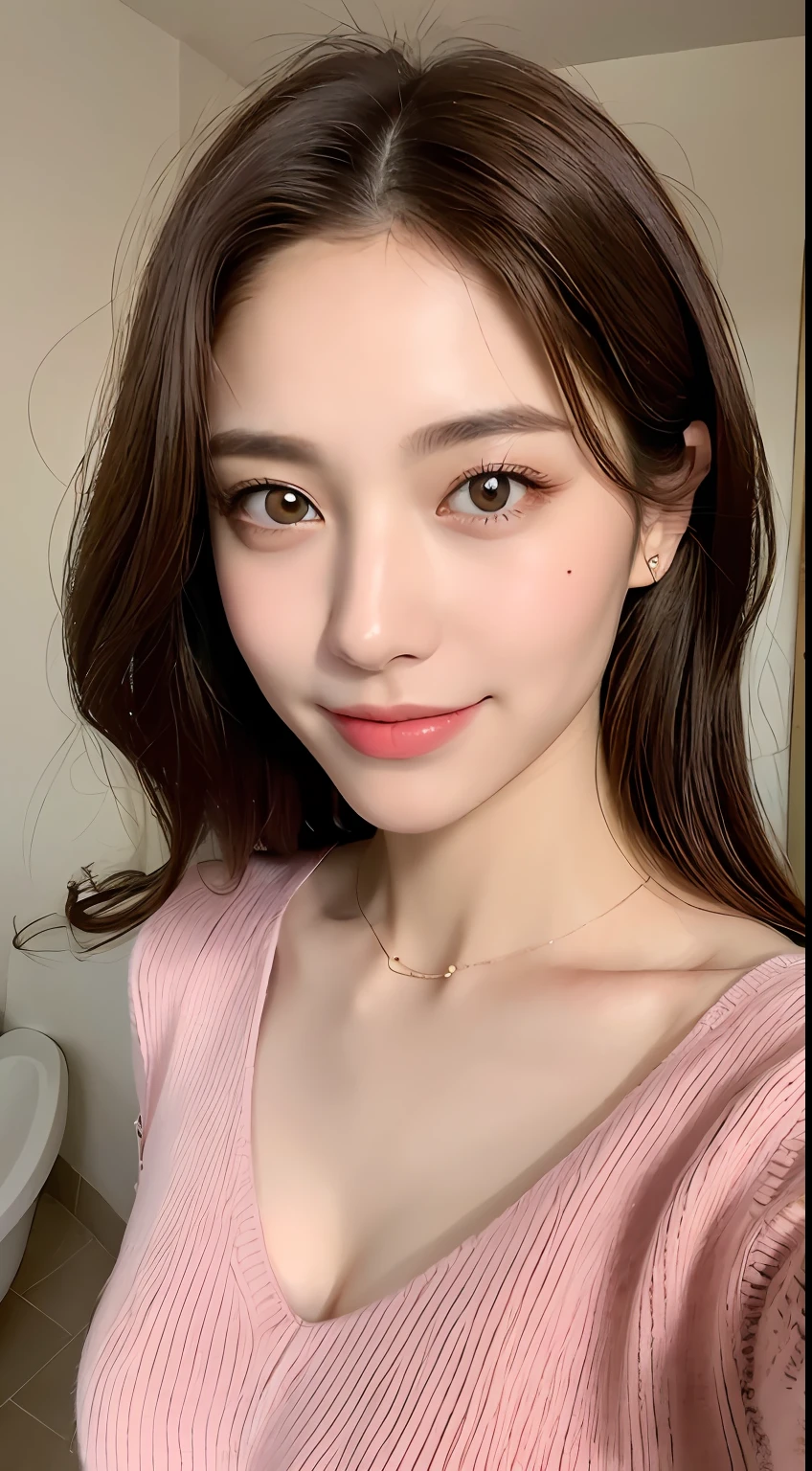 ((Night, Realistic Light, Best Quality, 8K, Masterpiece: 1.3)), 1girl, Slim Beauty: 1.4, Abs: 1.1, (Brown hair, Medium breasts: 1.3), Long pink sweater: 1.1, Bathroom, Super fine face, Delicate eyes, Double eyelids, smile, necklace