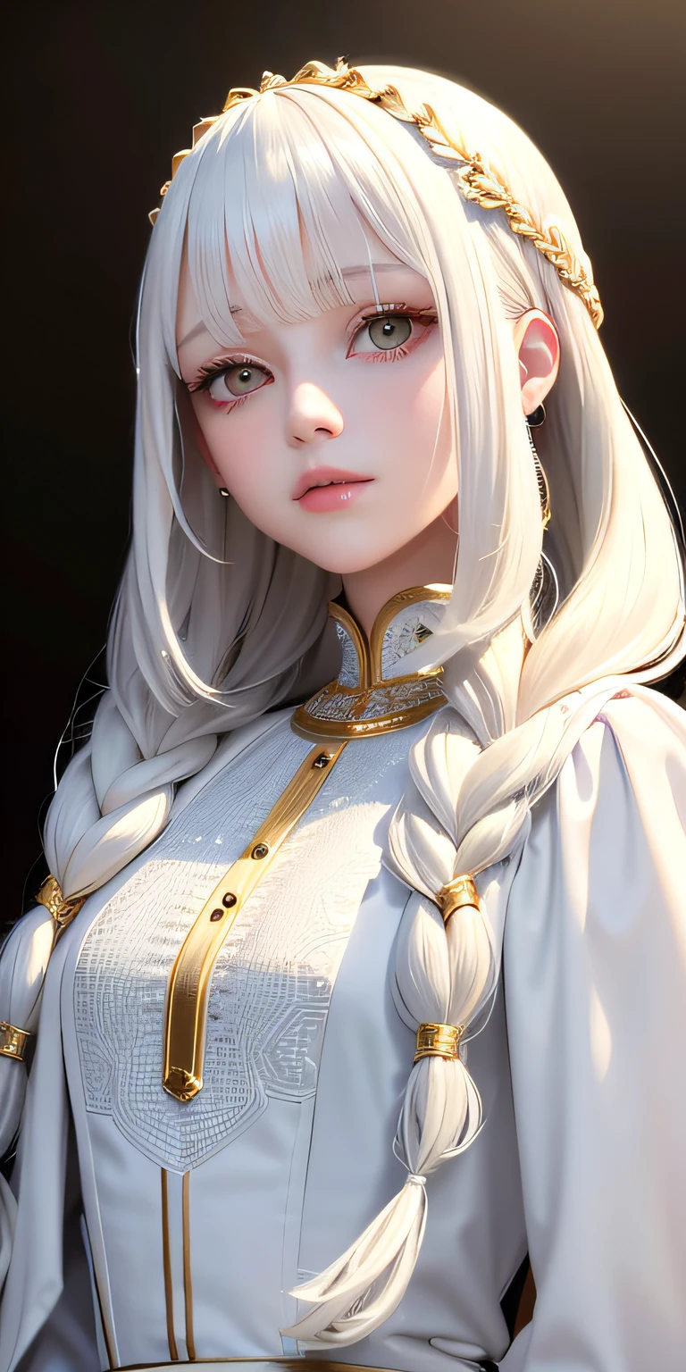 best quality, masterpiece,white hair, gold eyes,white clothes, looking up, upper body,hair strand,Fair skin,side braids