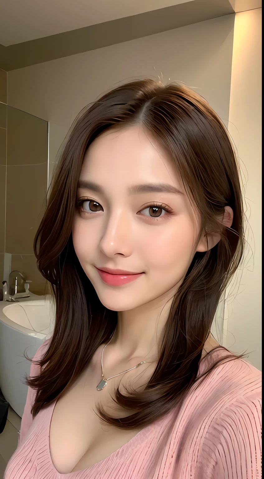 ((Night, Realistic Light, Best Quality, 8K, Masterpiece: 1.3)), 1girl, Slim Beauty: 1.4, Abs: 1.1, (Brown hair, Medium breasts: 1.3), Long pink sweater: 1.1, Bathroom, Super fine face, Delicate eyes, Double eyelids, smile, necklace