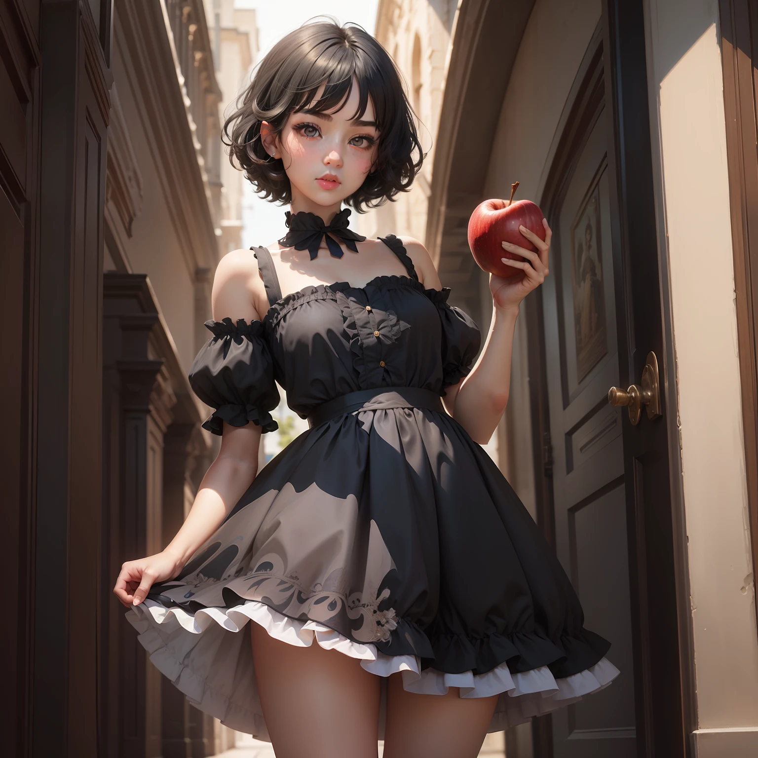 There is one girl，Short black hair，Hair is slightly curled，Large bright gray eyes，with fair skin，Small nose，Ruddy mouth，Blue skirt，Baroque style，Apple in hand