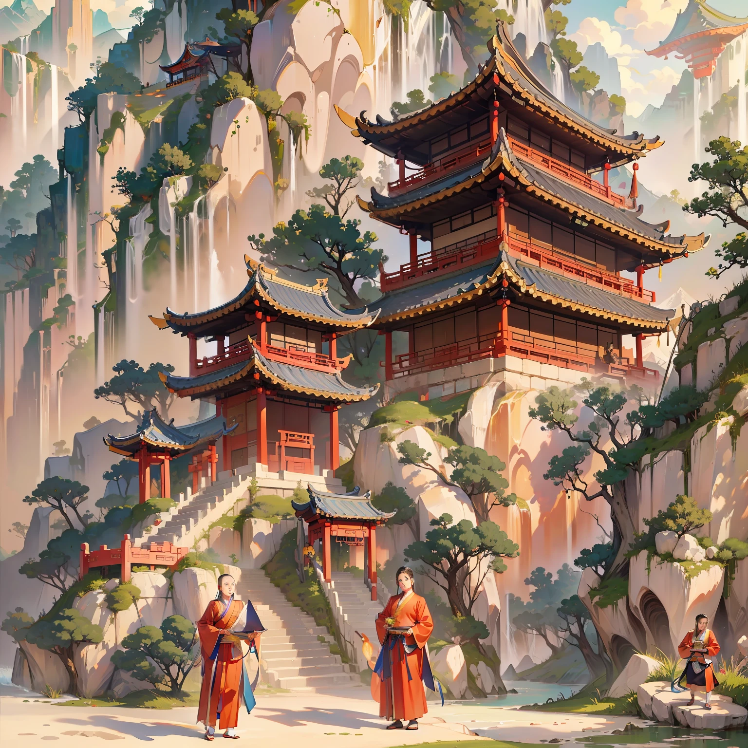 (A Chinese temple)
(At the foot of the mountain)
(Several monks)