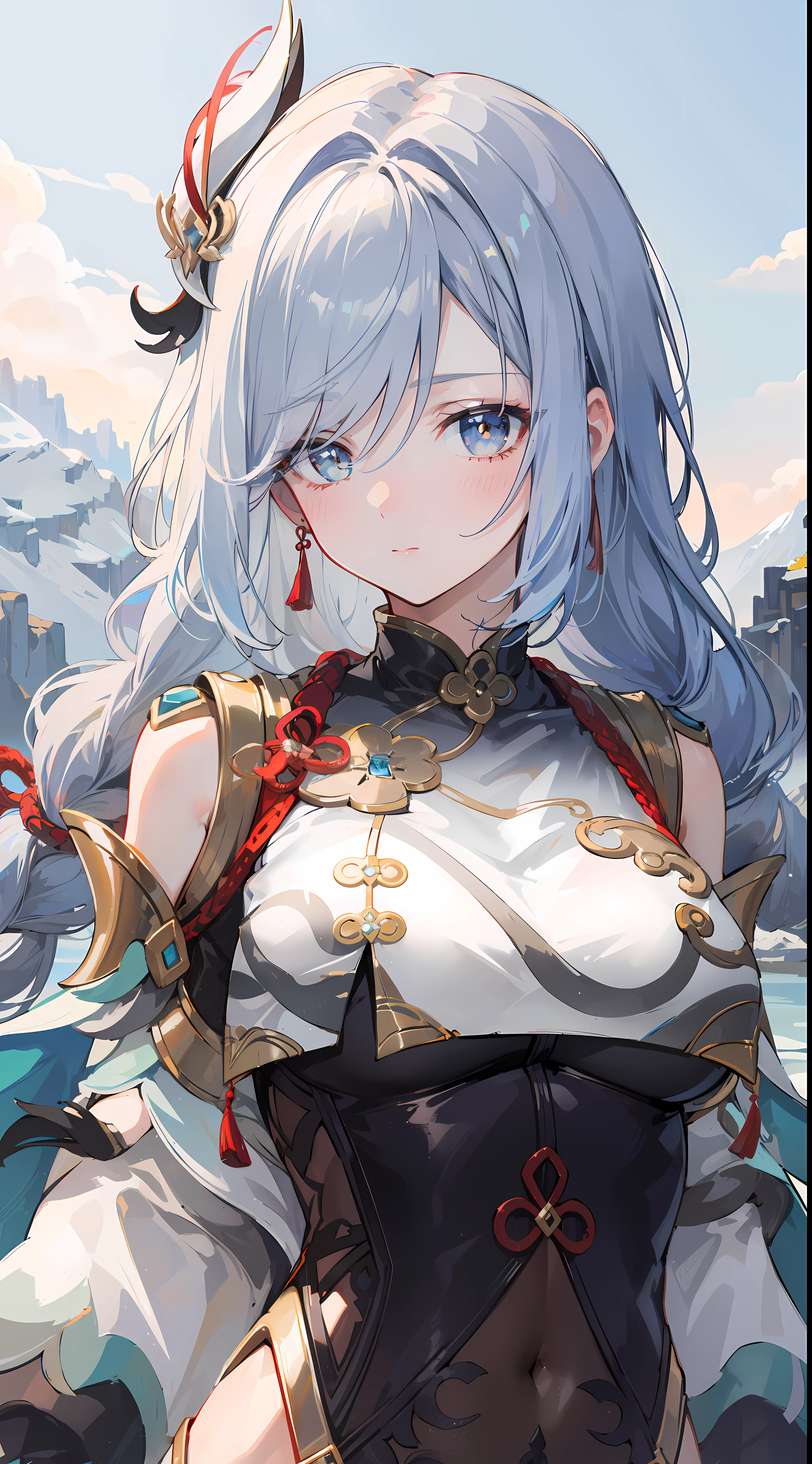 shenhedef, upper body, seductive look, blush, outdoors, snowflake scenery, looking at viewer, mountain, moody lighting, (perfect detail eyes:1.2), glowing eyes, (long hair one braid:1.2). armpit, (Masterpiece, Best Quality, High Quality:1.4), professional artwork, Intricate Details, field of view, sharp focus, detailed painting, photorealistic lighting, trending on pixiv, (vivid lighting, vibrant colors:1.05), realistic shadows, ambient occlusion,