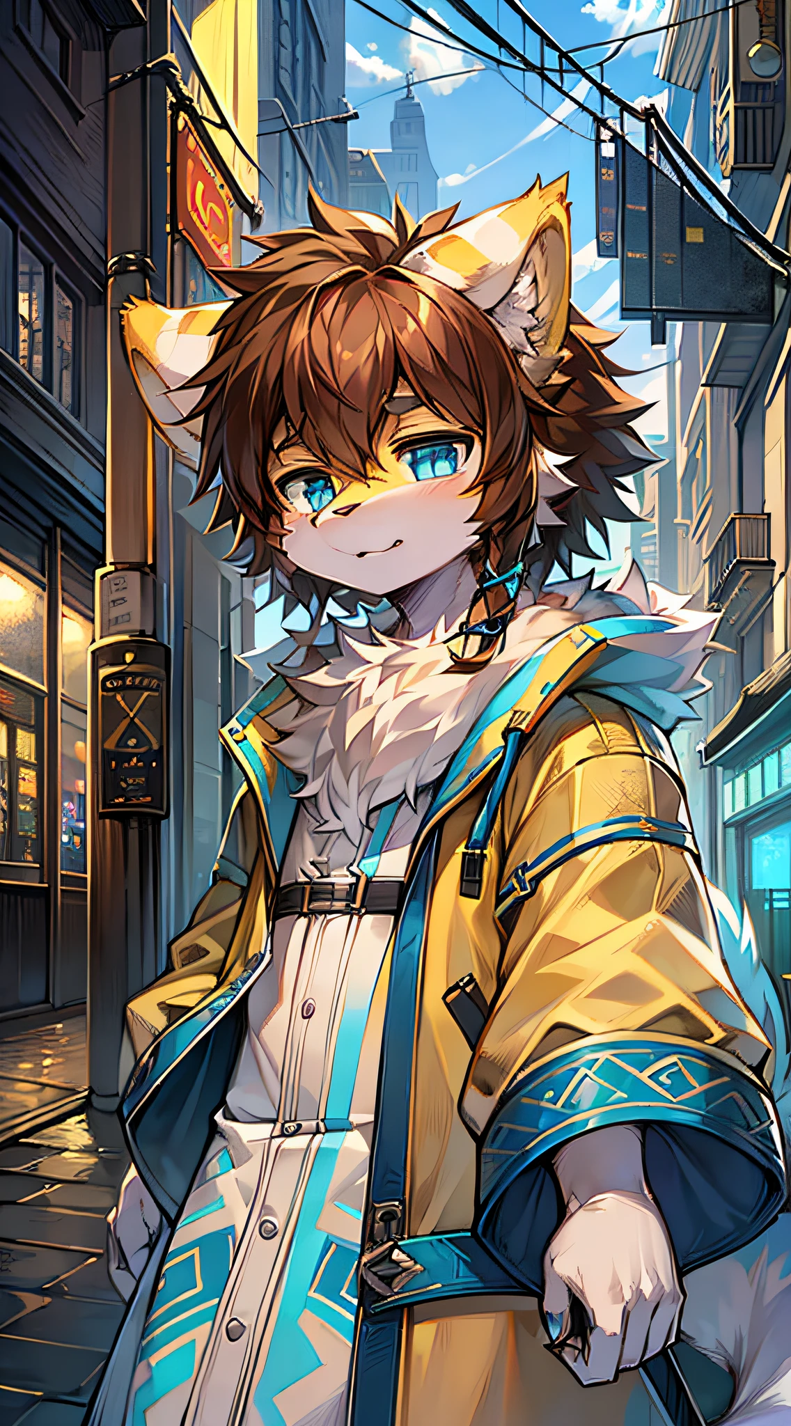 eyes with brightness, in a panoramic view, Character focus.(detailedbackground:0.7), 独奏, shaggy, shaggy male, anthr,(Full Body Furry, Fluffy tail, Yellow fur, blue color eyes, Thinning brown hair，No ，Casual white coat:1.2), (felid：1.2），（nigth、Cidade futuristica：1.1）