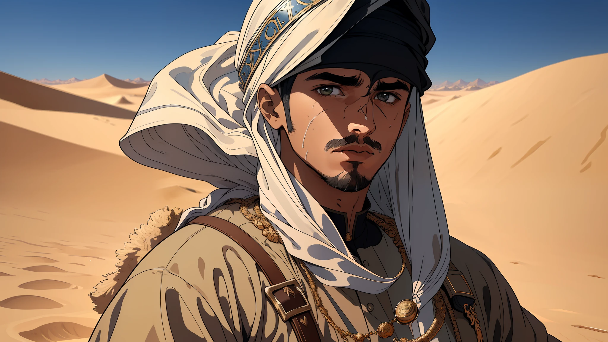 (8k ultra-realistic) (detailed image) (masterpiece) (superb quality) As (young man) Amir ( Islamic clothing) (detailed face, braved the harsh desert terrain, his determination and courage were put to the ultimate test.