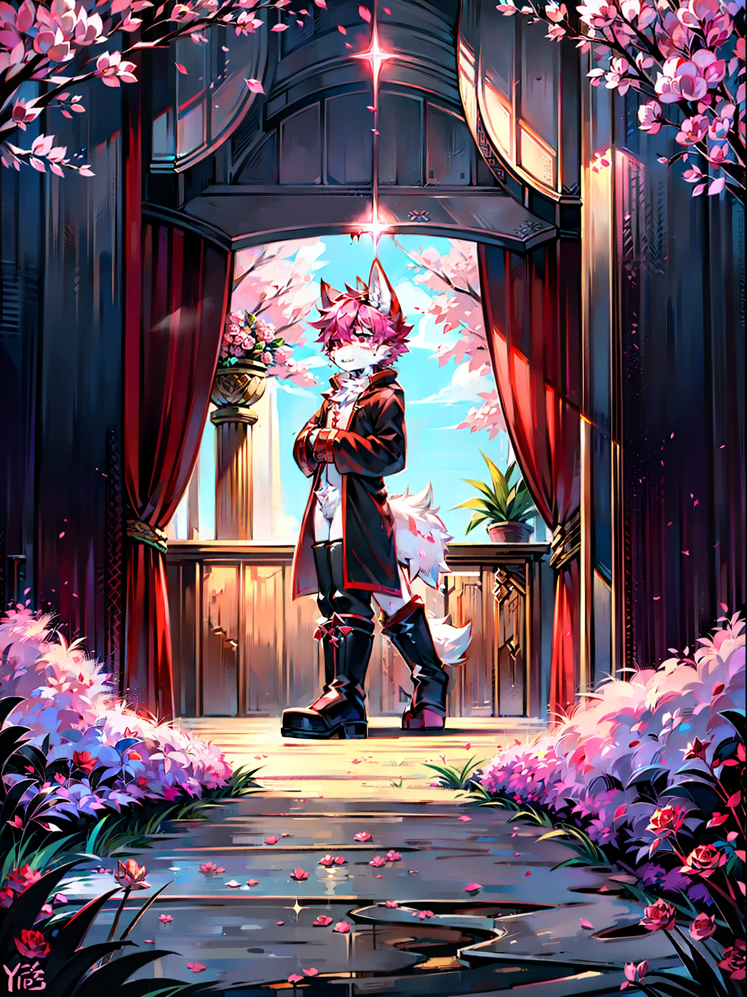 White fur,The upper part of the ears is pink,The inside of the ears is white,The neck is all pink,The hands are pink,The feet are pink,The tail is all pink,Pink eyes white,Red eyeballs,Black pupils,Male,High cold,Sick,black toga,black long boots,Ghastly,blood vess,Blood,Single,Fluffy tail,coyote,Pink roses,A pink rosette is worn on his head,Creekside,rios,Small rivers,outside,Pink Forest,grape trees,hitman,16 yaers old,Shota,Handsome,mizore