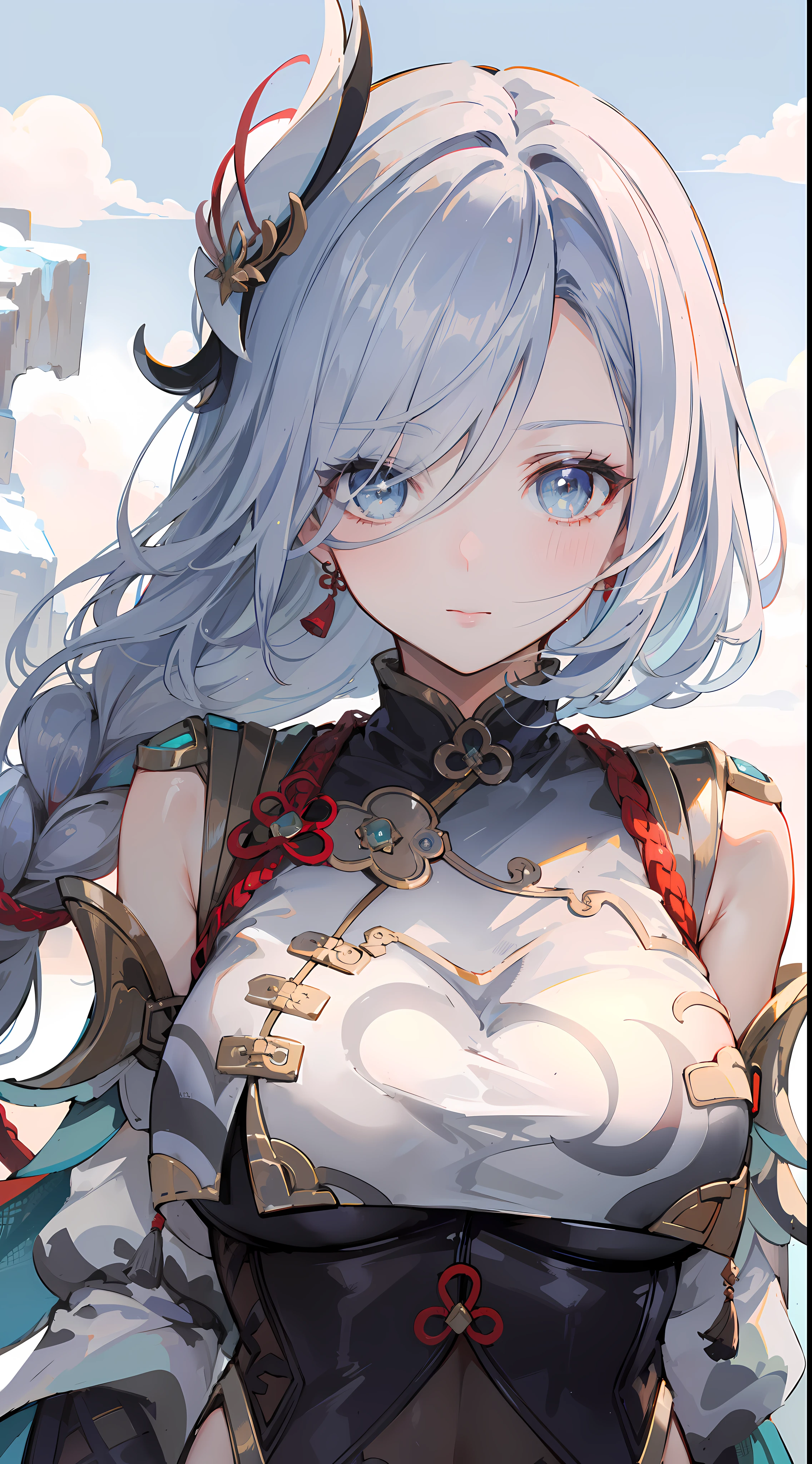shenhedef, upper body, seductive look, blush, outdoors, snowflake scenery, looking at viewer, mountain, moody lighting, (perfect detail eyes:1.2), glowing eyes, (long hair one braid:1.2). armpit, (Masterpiece, Best Quality, High Quality:1.4), professional artwork, Intricate Details, field of view, sharp focus, detailed painting, photorealistic lighting, trending on pixiv, (vivid lighting, vibrant colors:1.05), realistic shadows, ambient occlusion,