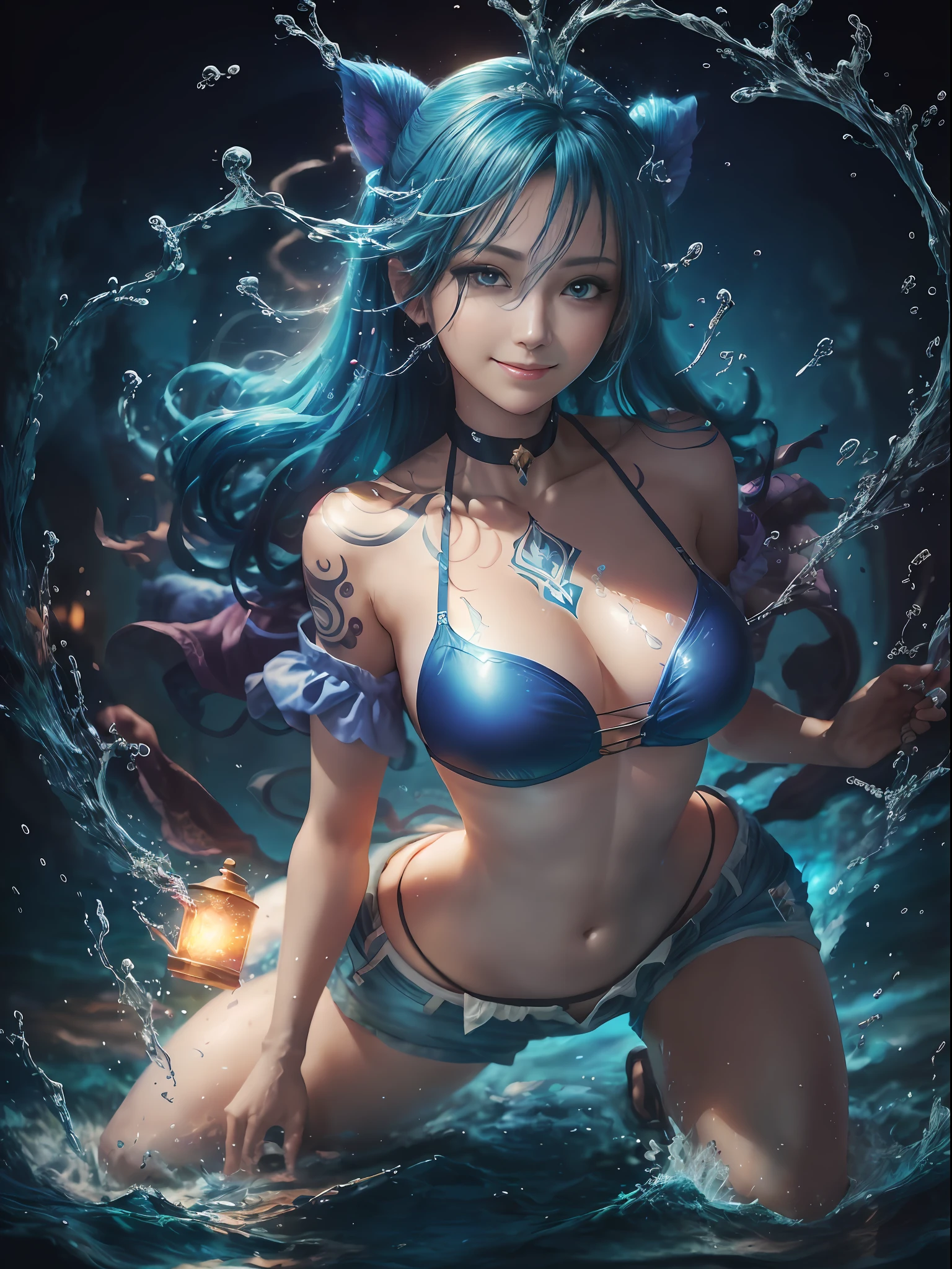 Blue color hair。short pants。耳Nipple Ring。Sunset beach。the beach。huge smile。water element。water magic。Water weapons。Beautiful woman who manipulates water。Free water。Floating water(Award-winning digital works:1.3)(Sketched:1.3)、(Energetic:1.3)、cgsociety、art stations、(chroma:1.3)、(close portrait:1.3)、(femele:1.4)、(Beautiful fece:1.4)、(carismatic:1.3)、Elaborate Eyes、Studio Lighting、Theme Background。Luminous Eyes。blue hairs。Poses in motion。Open mouth。Kneeling。The tattoo。full body Esbian。