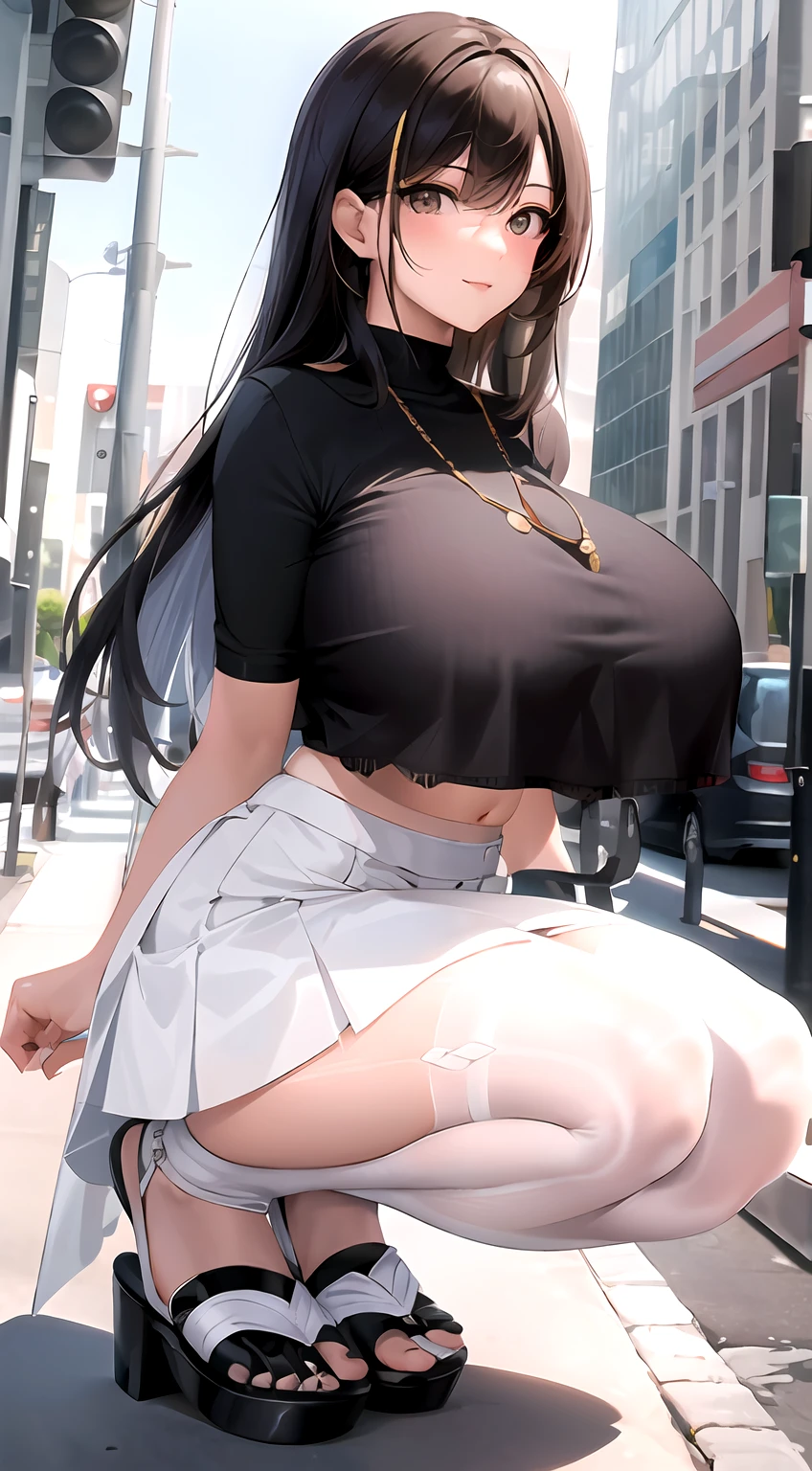 ((best qualtiy)), ((tmasterpiece)), (the detail:1.4), 3D,Complete body, Beautiful image of modern urban woman,cabellos largos dorados,huge tit,White crop top,Superskirt,white stockings,sandals