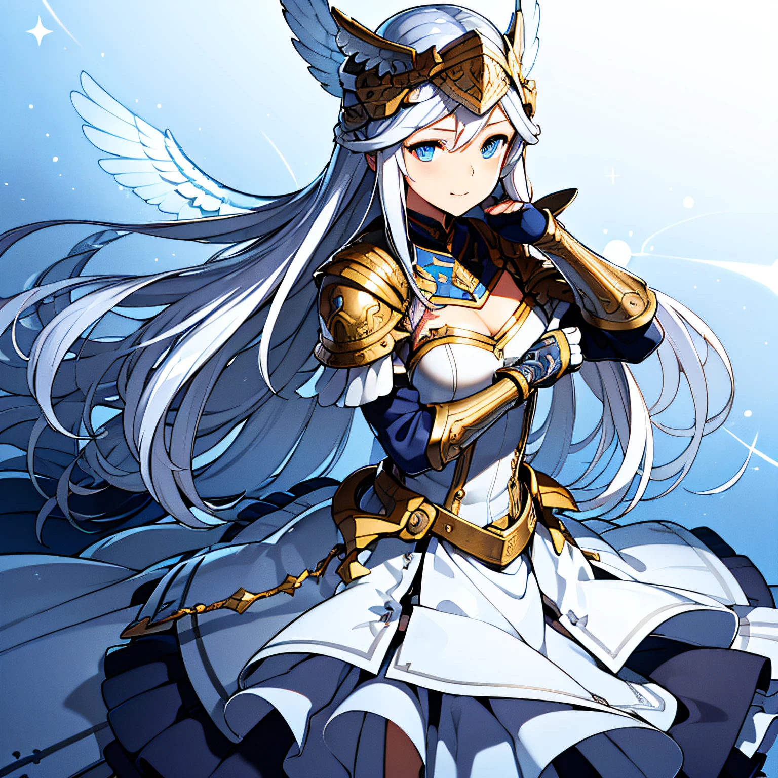 ((Masterpiece)), (((Best quality))), ((Ultra-detailed)), ((illustration)), ((Disheveled hair)), ((frilld)), (1 girl), (Solo), Valkyrie,Blue eyes, Clothing, Female, mitts, mitts, whaite hair, Headwear, helmet,Long hair, Silver hair , upper legs, warrior, White hair , (winged helmet:1),ssmile