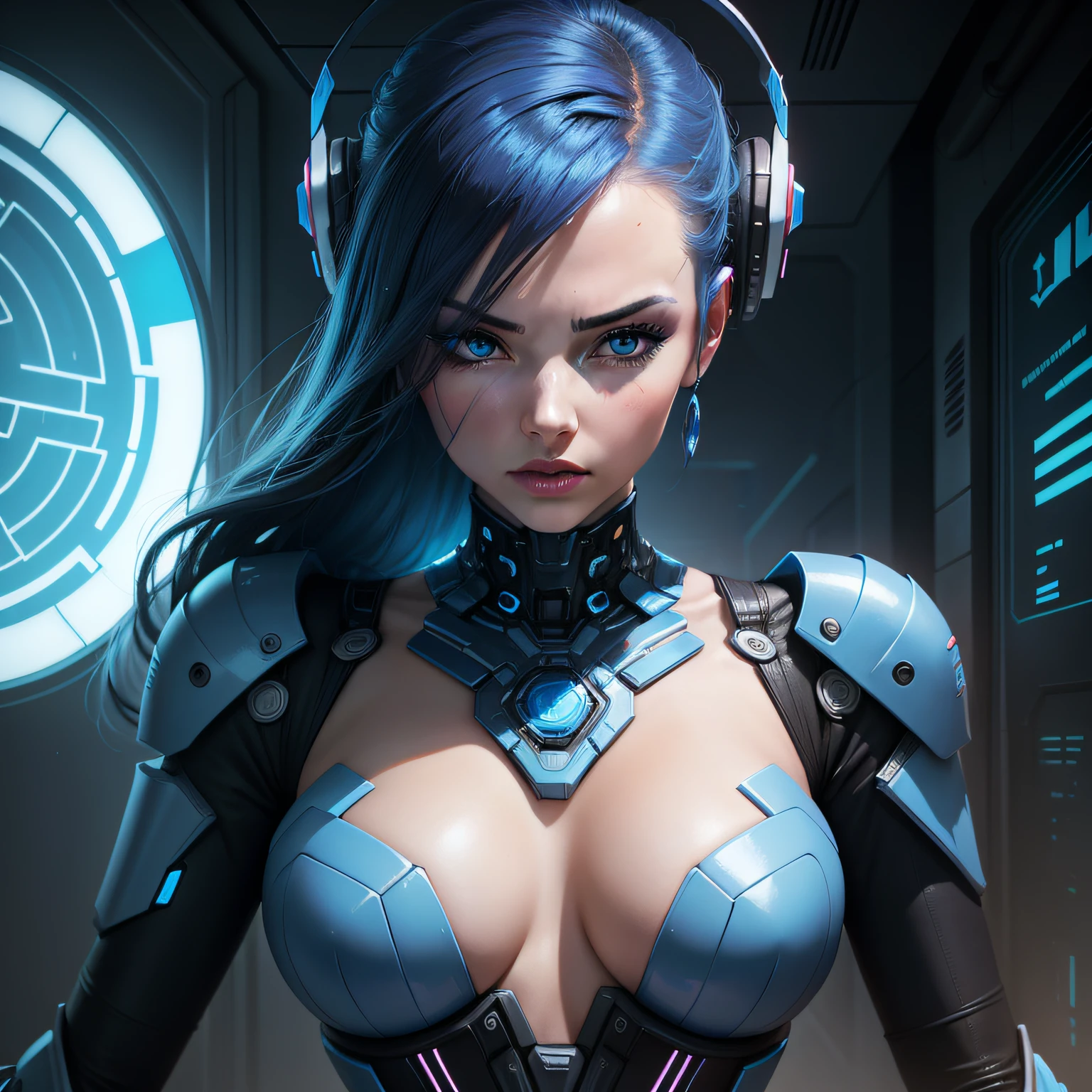 'robotic woman', dixie in the style of mind-bending bdazzled blue, elegant, emotive faces, cyberpunk futurism, porcelain, bold geometrics, cyberpunk paint based, matte palette
