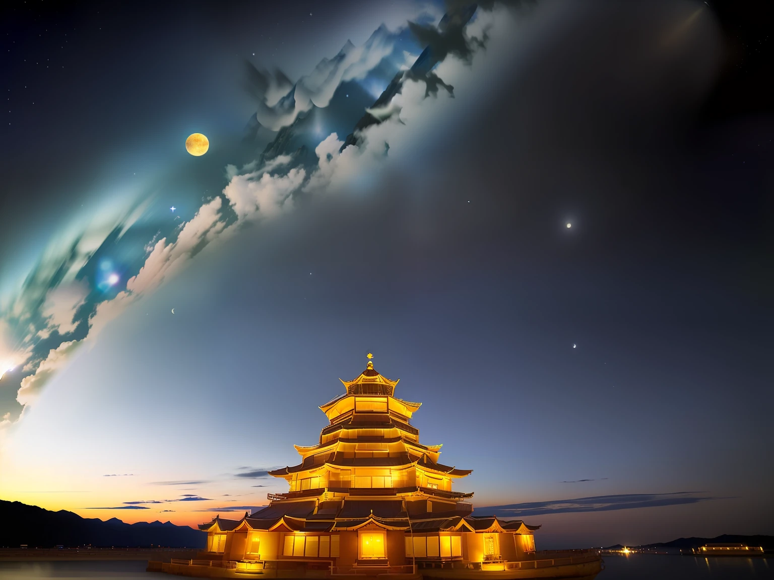 edd, Maitreya Bodhisattva,Maitreya, A huge golden Buddha statue sits in a room with blue ceiling and blue sky background with clouds, above_Clouds, Airship, aurora, bridge, Building, Castle, chimneys, temple, City_lamp lights, Cityscape, clock, clock_Tower, Cloud, Cloudy_sky, constellation, Crescent_Moon, Desert, earth_\(planetes\), Fireworks, Floating_Island, fountain, milky ways, Glowing, house, Island, lamp post, lantern, Light_Particle, Milky_way, Moon, Mountain, Night, Night_sky, No_Humanity, planetes, scenery, Shooting_Star, sky, skylines, skyscraper, Snow, nevando, space, Star_\(sky\), Star_\(symbol\), Starry_sky, Starry_sky_print, Telescope, Tower, Town, Twilight, ships