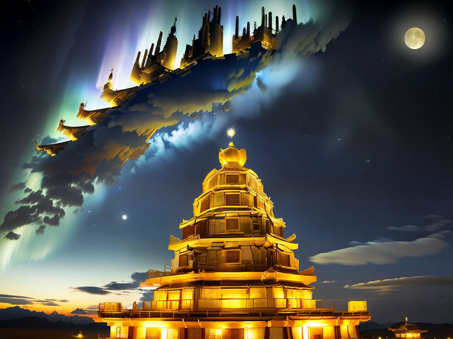 edd, Maitreya Bodhisattva,Maitreya, A huge golden Buddha statue sits in a room with blue ceiling and blue sky background with clouds, above_Clouds, Airship, aurora, bridge, Building, Castle, chimneys, temple, City_lamp lights, Cityscape, clock, clock_Tower, Cloud, Cloudy_sky, constellation, Crescent_Moon, Desert, earth_\(planetes\), Fireworks, Floating_Island, fountain, milky ways, Glowing, house, Island, lamp post, lantern, Light_Particle, Milky_way, Moon, Mountain, Night, Night_sky, No_Humanity, planetes, scenery, Shooting_Star, sky, skylines, skyscraper, Snow, nevando, space, Star_\(sky\), Star_\(symbol\), Starry_sky, Starry_sky_print, Telescope, Tower, Town, Twilight, ships
