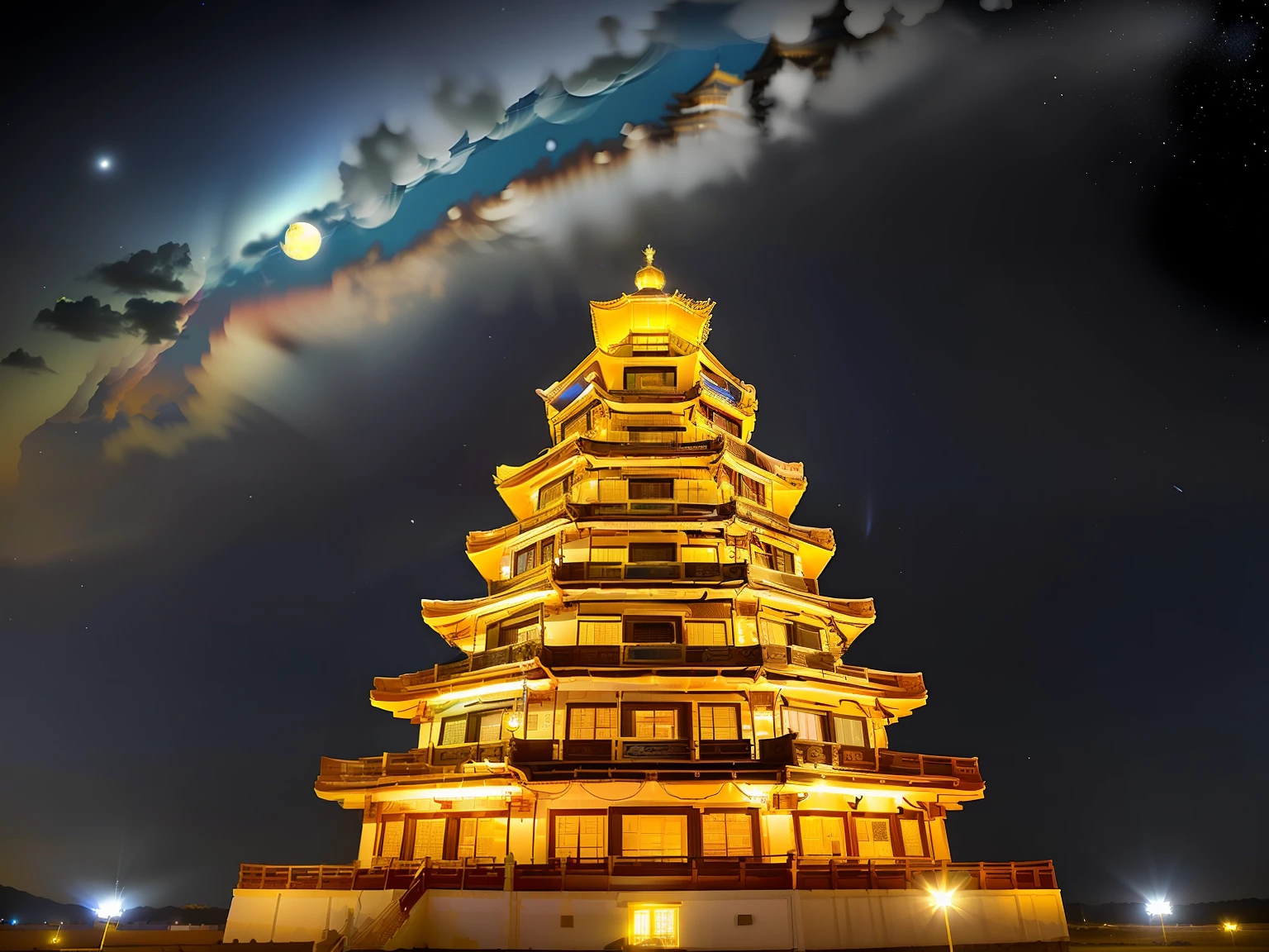 edd, Maitreya Bodhisattva,Maitreya, A huge golden Buddha statue sits in a room with blue ceiling and blue sky background with clouds, above_Clouds, Airship, aurora, bridge, Building, Castle, chimneys, temple, City_lamp lights, Cityscape, clock, clock_Tower, Cloud, Cloudy_sky, constellation, Crescent_Moon, Desert, earth_\(planetes\), Fireworks, Floating_Island, fountain, milky ways, Glowing, house, Island, lamp post, lantern, Light_Particle, Milky_way, Moon, Mountain, Night, Night_sky, No_Humanity, planetes, scenery, Shooting_Star, sky, skylines, skyscraper, Snow, nevando, space, Star_\(sky\), Star_\(symbol\), Starry_sky, Starry_sky_print, Telescope, Tower, Town, Twilight, ships
