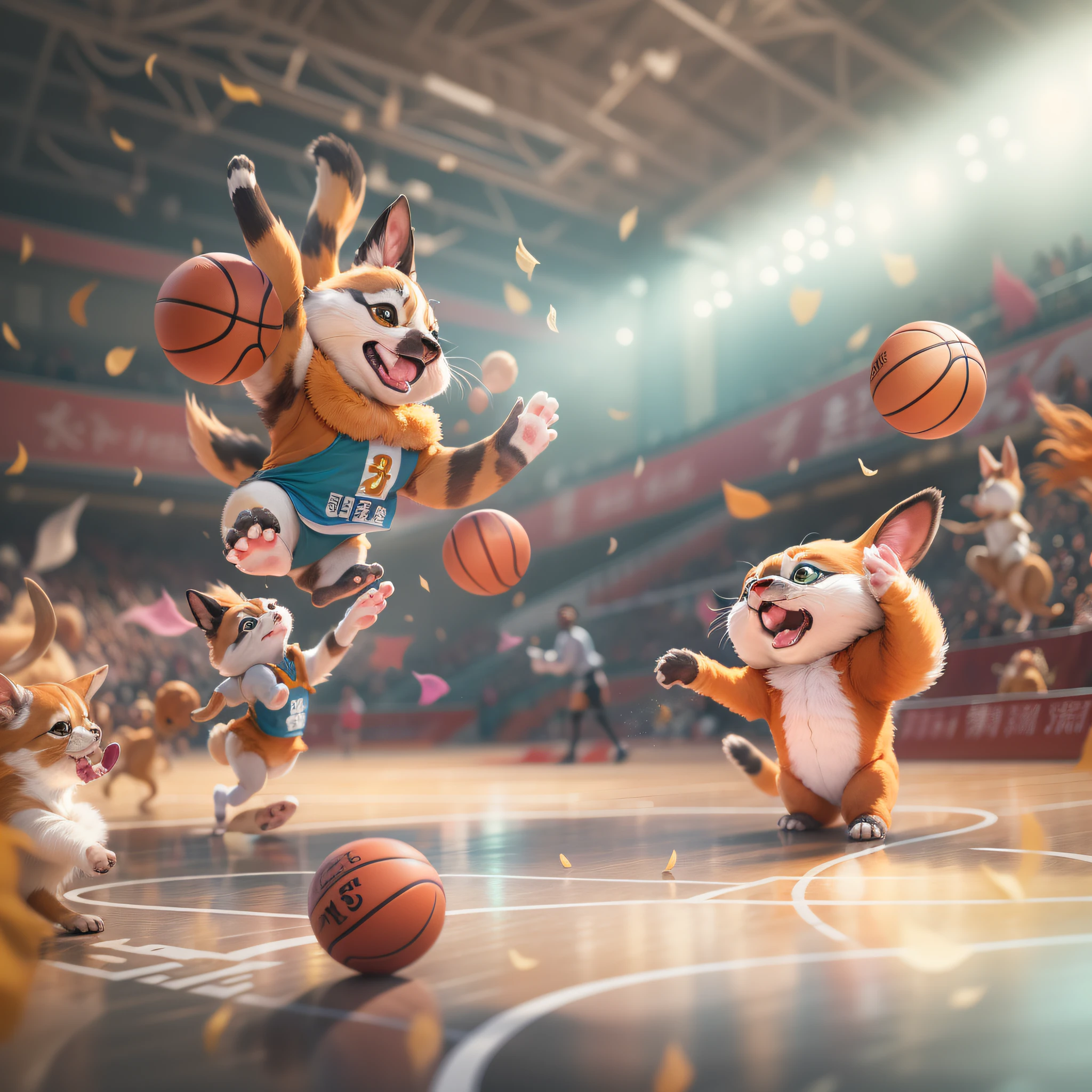 Chengdu Universiade,Small animals to cheer on,(A group of small animals playing basketball:1.3),(Countless animal viewers:1.3),cheering party,streamers,Warm atmosphere,Background to fantasy,(Art overlay:1.3), Ultra photo realsisim, tmasterpiece, k hd, surrealism,8K, Best quality,(Faraway view:1.4),(Multi-role:1.3)