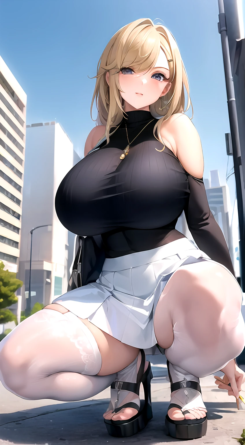 ((best qualtiy)), ((tmasterpiece)), (the detail:1.4), 3D,Complete body, Beautiful image of modern urban woman,cabellos largos dorados,huge tit,White crop toppings,Superskirt,white stockings,sandals
