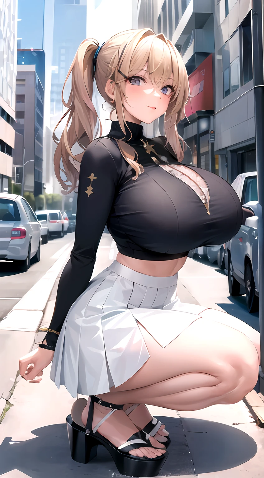 ((best qualtiy)), ((tmasterpiece)), (the detail:1.4), 3D,Complete body, Beautiful image of modern urban woman,cabellos largos dorados,huge tit,White crop toppings,Superskirt,white stockings,sandals